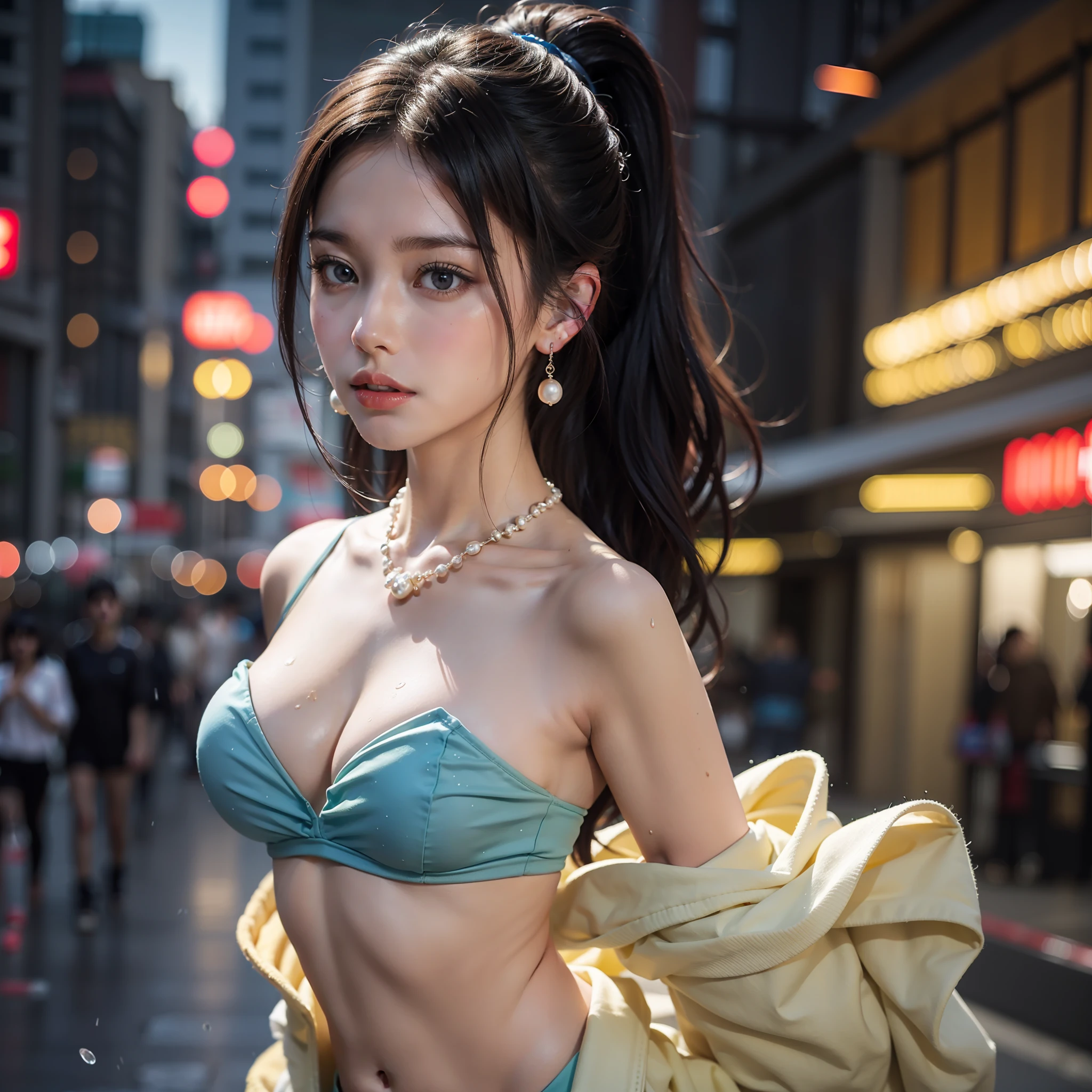 From Side，hip up，（（addielyn）），side pose，Random posture，NIGHT、-time，（Extremely delicate and beautiful work），（Masterpiece、），1girl，streetwear，highly detailded，ponytail contorted，Charming expression，Beautiful and clear eyes，Blue eye pupils，Delicate pearl necklace，Delicate earrings，simple blurred background，Extreme detail description，beutiful，glamorous，Super fine painting，Exquisite Face，exquisite body，Fine collarbones， lovely lips， soft behind， mix4，（8k，RAW photos，best quaity，Masterpiece、：1.2），（lifelike，photore-Realisitc：1.37），1beutiful成熟女人，Skinned transparent bandeau，Cutes，city view，NIGHT、，wet rain，WET，professional Lighting，Photon Mapping，Radiosity，Physically based rendering，above waist，