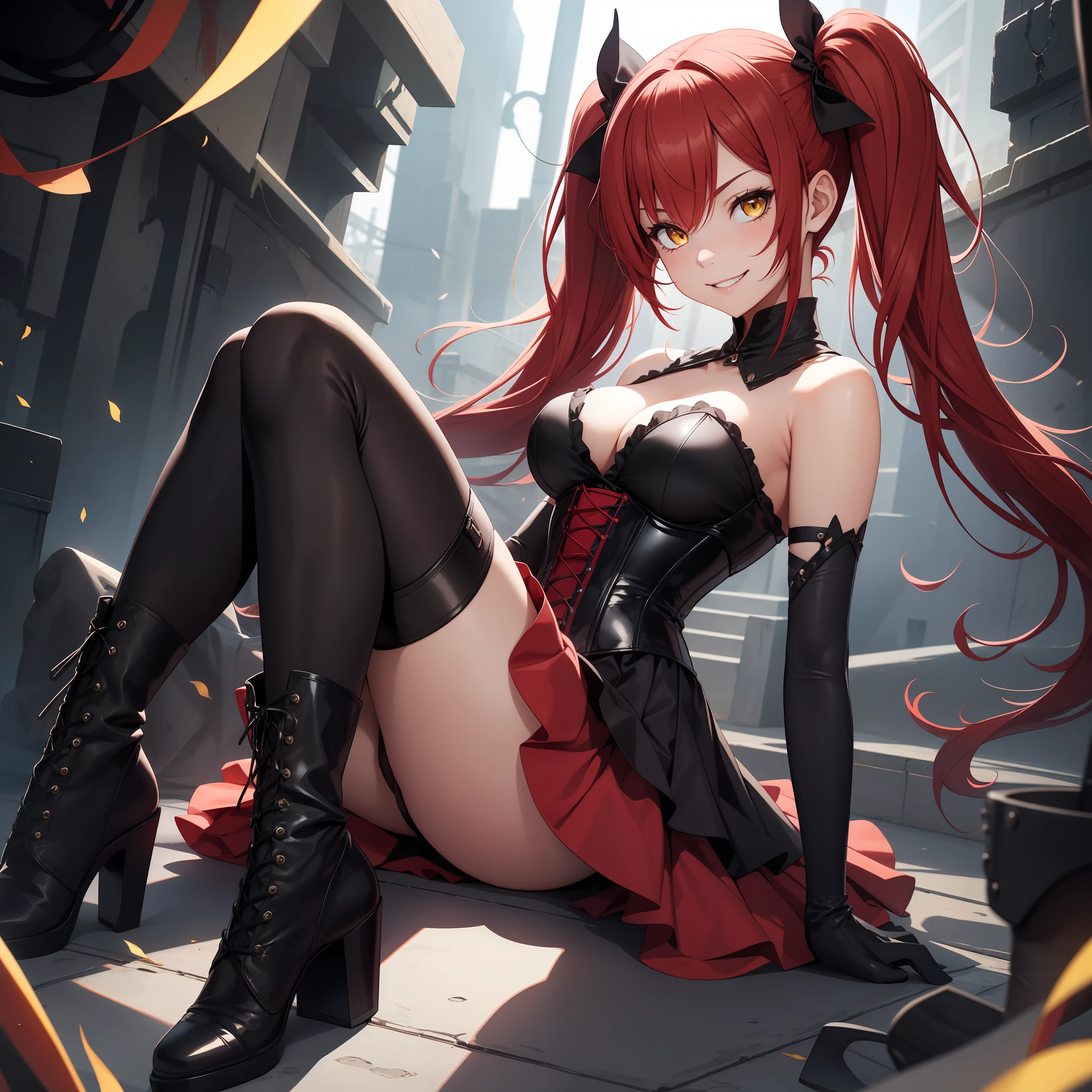 1girl, red hair, yellow eyes, corset, black skirt, black gloves, evil smile, twintails, black boots, thighs