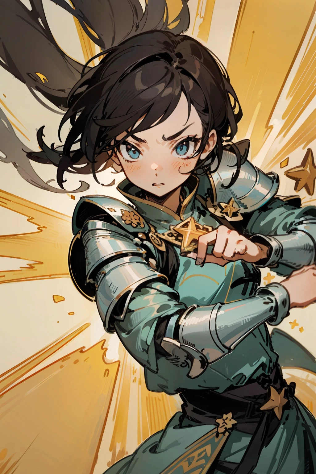 best quaity,8K,Highly detailed,sharp focus,Painting,SurfaceTension,Portraits,closeup view ,Waist Shot(WS),dynamic pose,A little oriental girl,tarot cards, Knight,Starfish Armor