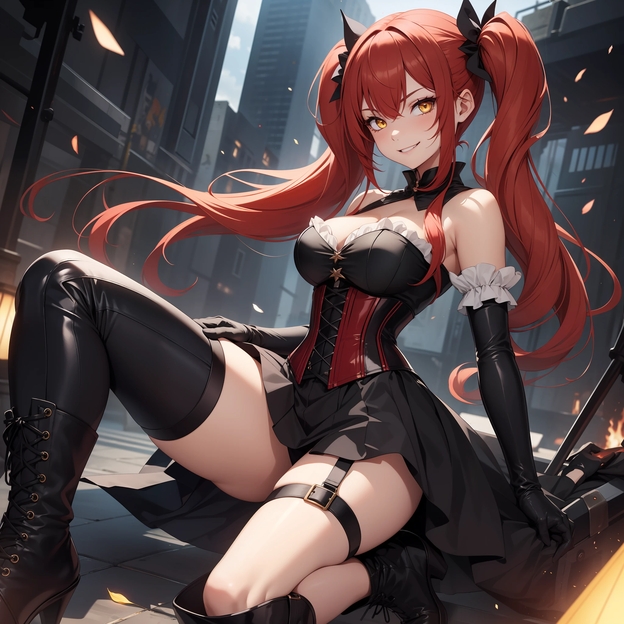 1girl, red hair, yellow eyes, corset, black skirt, black gloves, evil smile, twintails, black boots, thighs