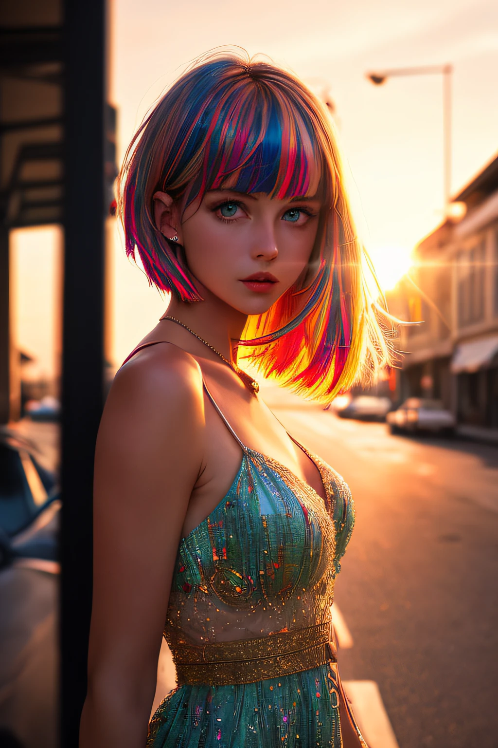 film style, the most outstanding photo in the world, [white swedish blonde] Beauty 1 Person: 1.3, (((pixie cut))), mesmerizing eyes, (((narrow face))), (((narrow nose bridge))), full and inviting lips, flawless skin, (few natural freckles:0.7), (((colorful hair in the wind))), (((rim light on the face))), slim figure, sexy and cute girl, pronounced feminine feature, amazing body, street in sunset, neon lights, intricate, highly detailed, extremely hyper aesthetic, masterpiece, highest quality, lens flare, dramatic lighting, sharp focus, photorealism, HDR, 8K, mannerism, cinematography, by Adrian Zingg and johnson ting
