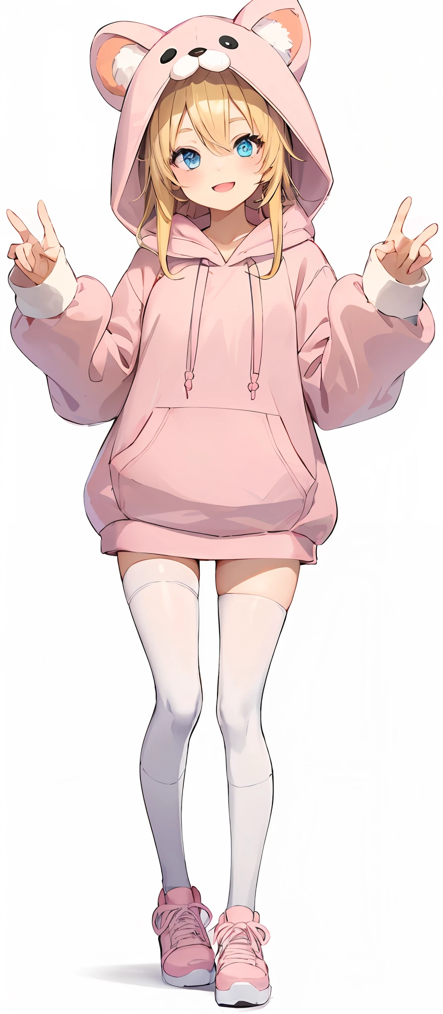 vtubermodel of 1girl , long blonde hair, blue eyes , big thighs, fluffy bear ears , hood up,(light pink hoodie:1.3), long hoodie, white thighhighs, strawberry pattern hoodie, sneakers, clogs, high quality , extra detailed , rendered, (white background:1.3), full body, smiling