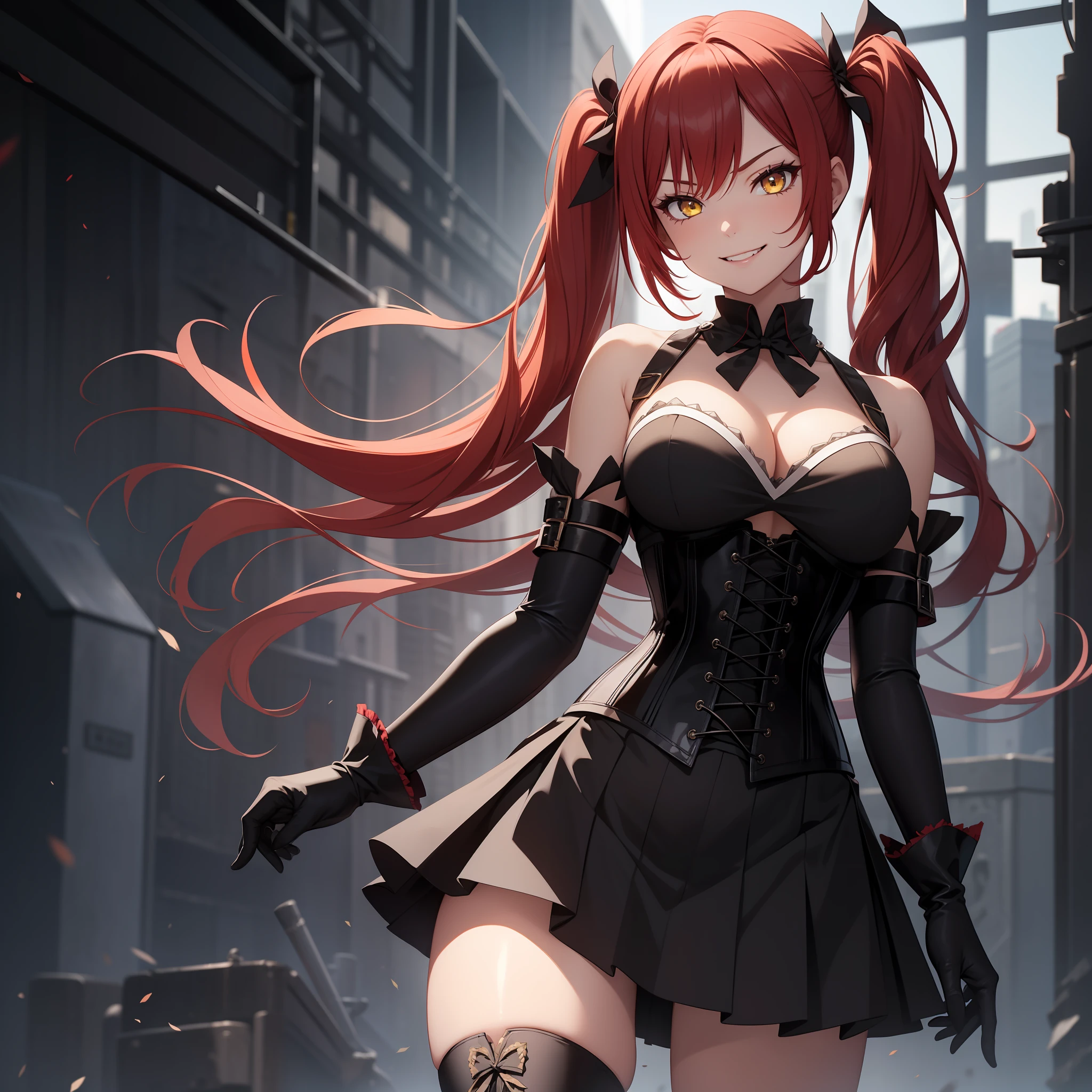 1girl, red hair, yellow eyes, corset, black skirt, black gloves, evil smile, twintails, black boots, thighs