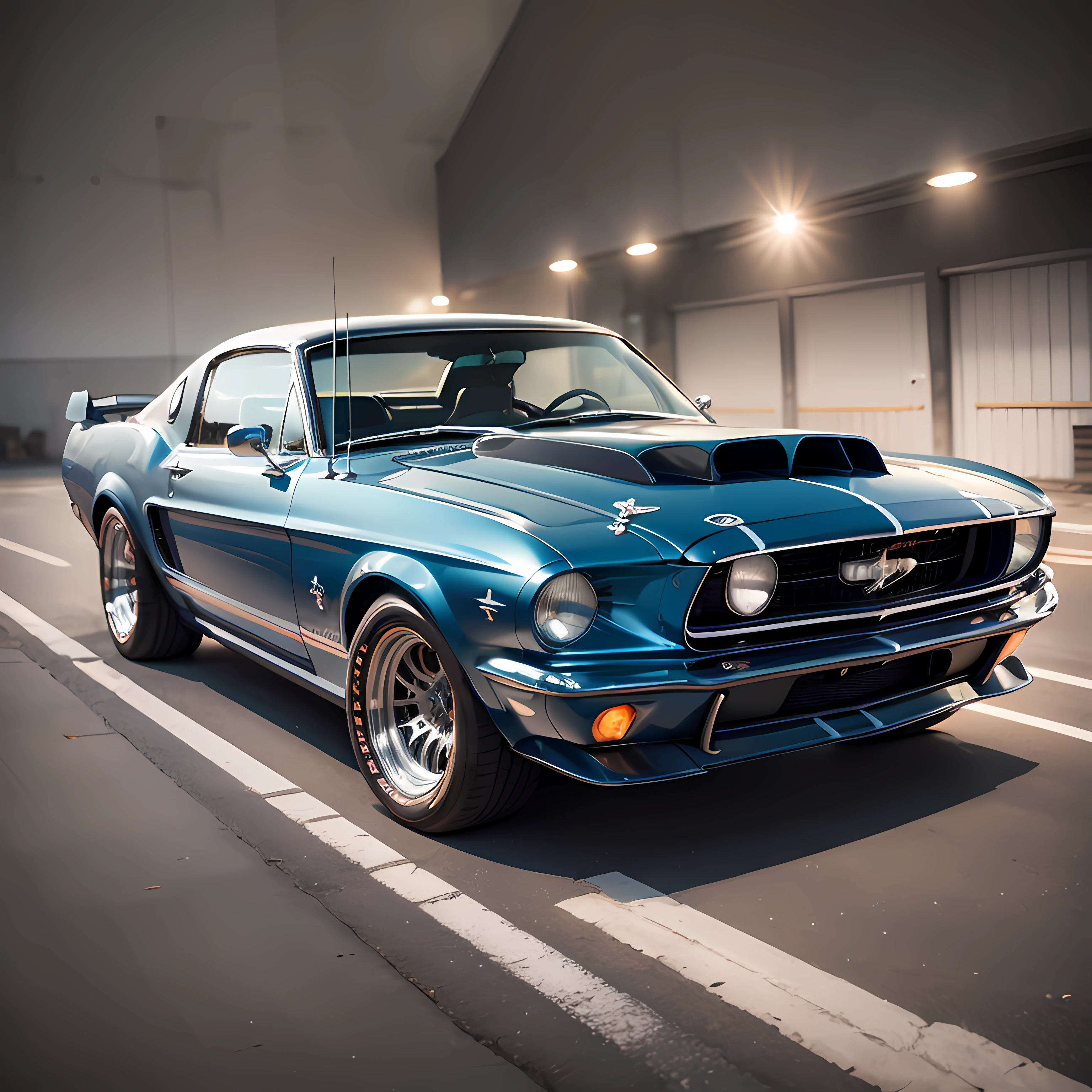realista, alto detalhe, dramatic, 1967 Shelby Mustang, convertable, cobra, cor preta, 4k, highres, nas ruas da cidade, noite --auto