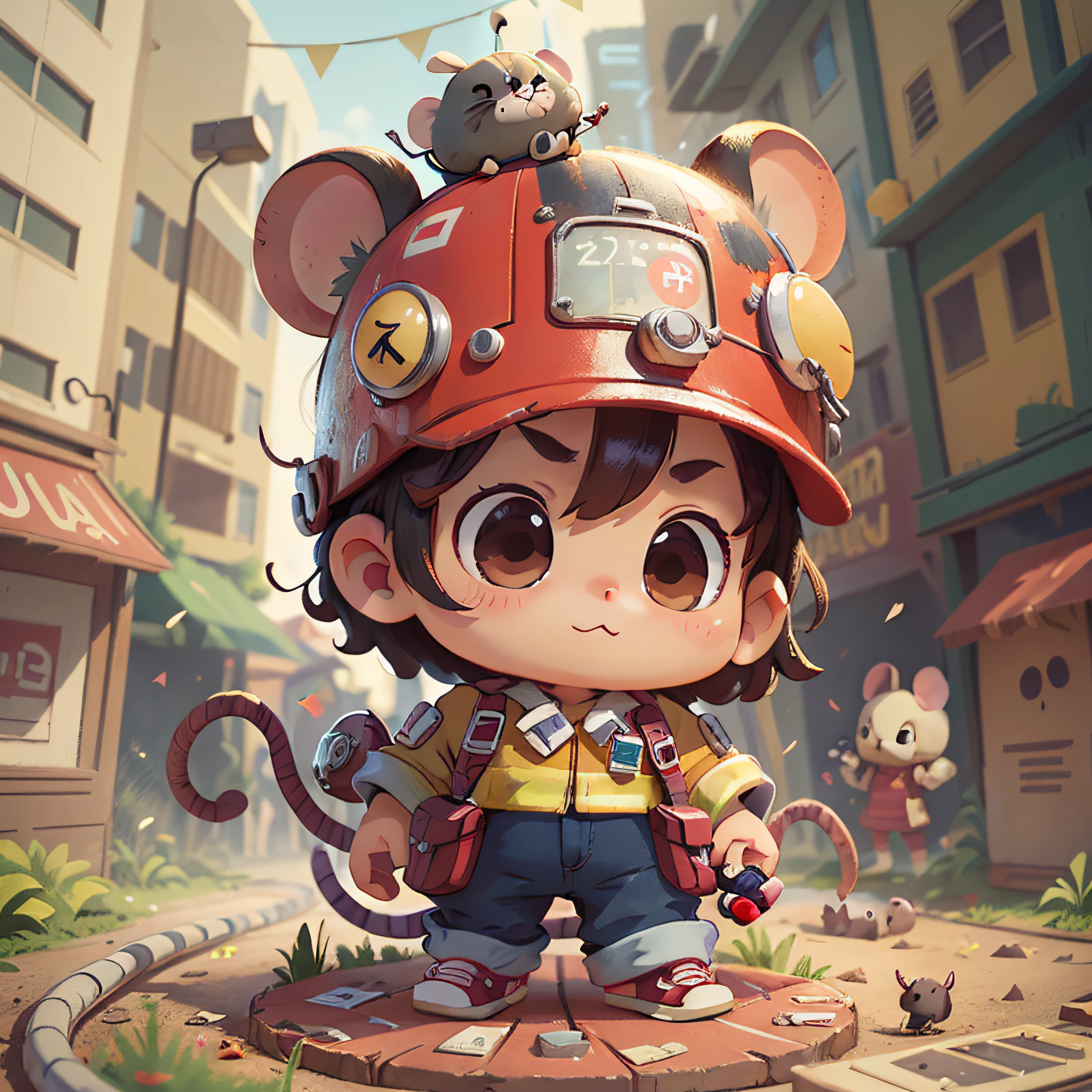 chibi, mouse, cute, fireman, bigbadejo, full body, masterpiece, 3D Rendering, Best Quality, Lots of Detail, (plain background), vinyl toy figurine