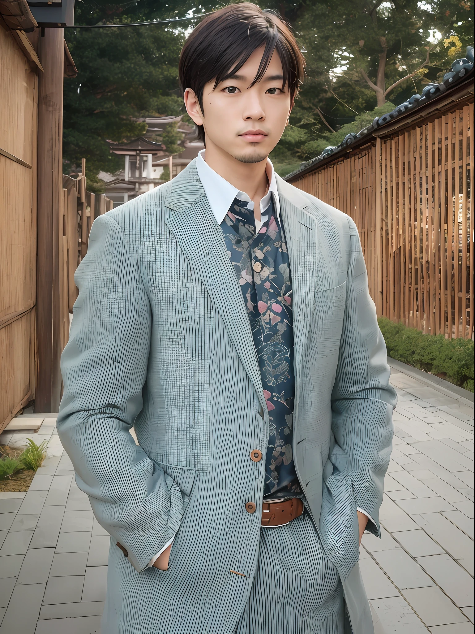 The photograph features a handsome Japanese man in his 30s to 40s. He possesses a striking combination of traditional Japanese features and modern charm. His well-defined facial structure is complemented by a clean-cut hairstyle and a well-groomed beard, adding a touch of sophistication to his overall appearance. His warm and expressive eyes reflect both intelligence and kindness. The man is dressed in a stylish outfit that showcases a blend of contemporary fashion and Japanese aesthetic, perhaps wearing a tailored suit with subtle cultural influences or a trendy yet tasteful casual attire. The background of the photograph is carefully chosen to reflect a Japanese setting, such as a traditional garden with cherry blossoms in bloom, a serene temple, or a bustling city street in Japan. The combination of the man's striking looks and the Japanese backdrop creates a captivating visual representation of modern Japanese masculinity.