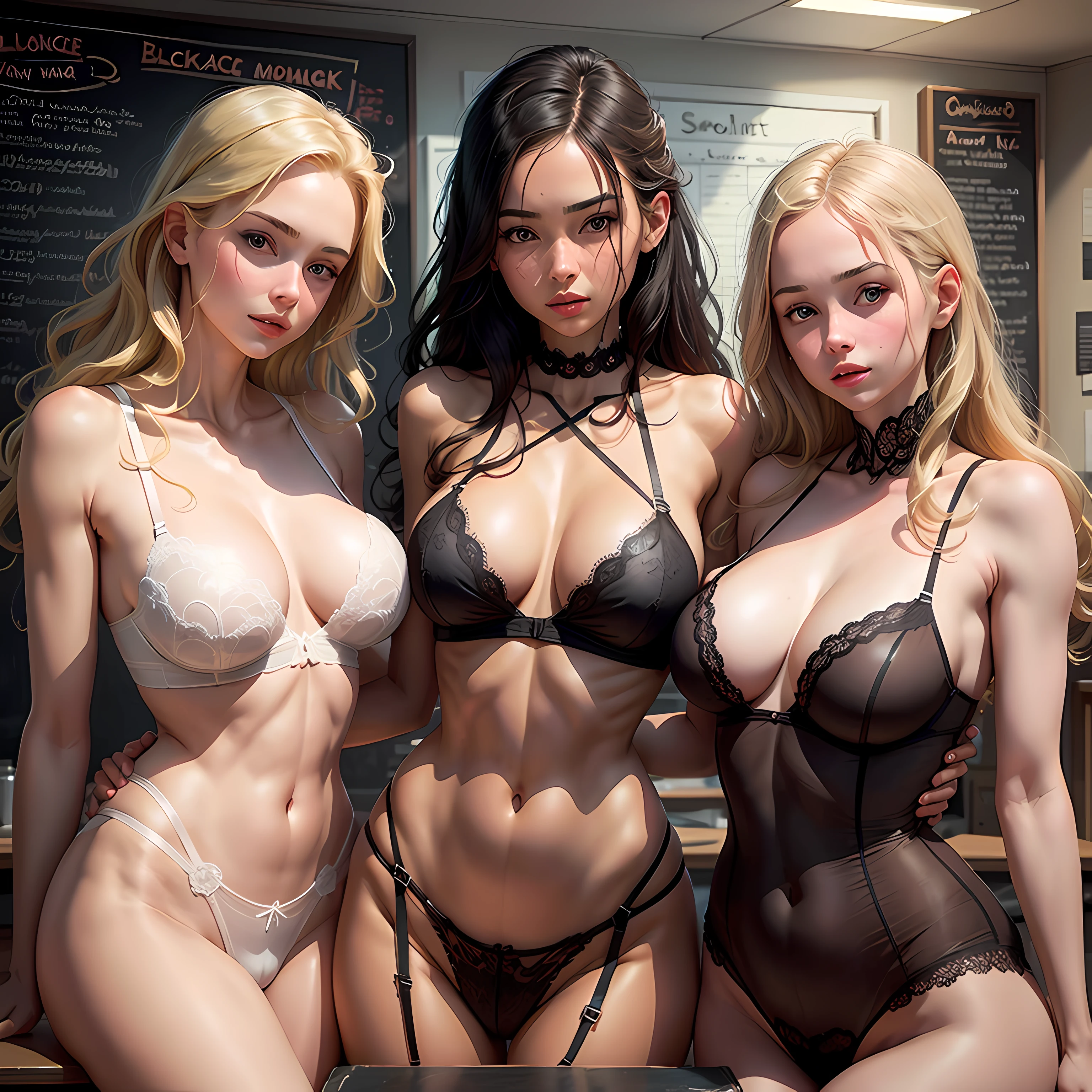 Three 20 year old girls, blonde hair, white shirt, deep V neckline, empty classroom, BDSM, slave, plump figure, black lingerie, black pantyhose, big emphasis, big ass emphasis, exposed breasts, sitting at a table, exposed ass, high heels, detailed eyes, leggings, kissing each other, lesbian, 4K high resolution