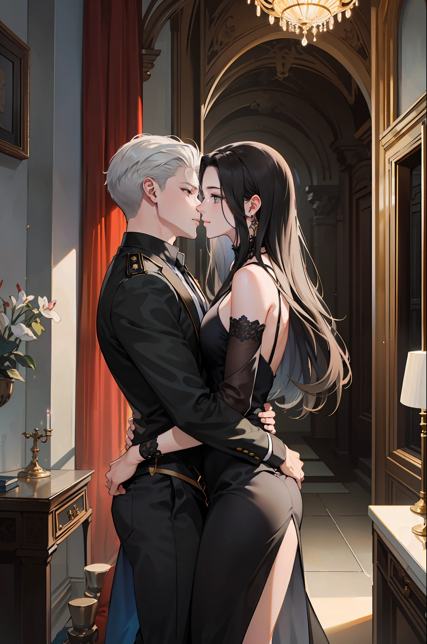 ((Obras)), best qualidade, outstanding illustration, um casal se beijando, Foco suave,) 1 boy with long short white hair, OLHOS azuis, Roupas vitorianas ), (1 girl with long Black hair, OLHOS azuis, vestido vermelho, corpo sexy), Romantismo vitoriano, atmosfera opulenta e requintada, soft light and warm lighting, Gothic castle setting, romantic atmosphere, Tema escuro