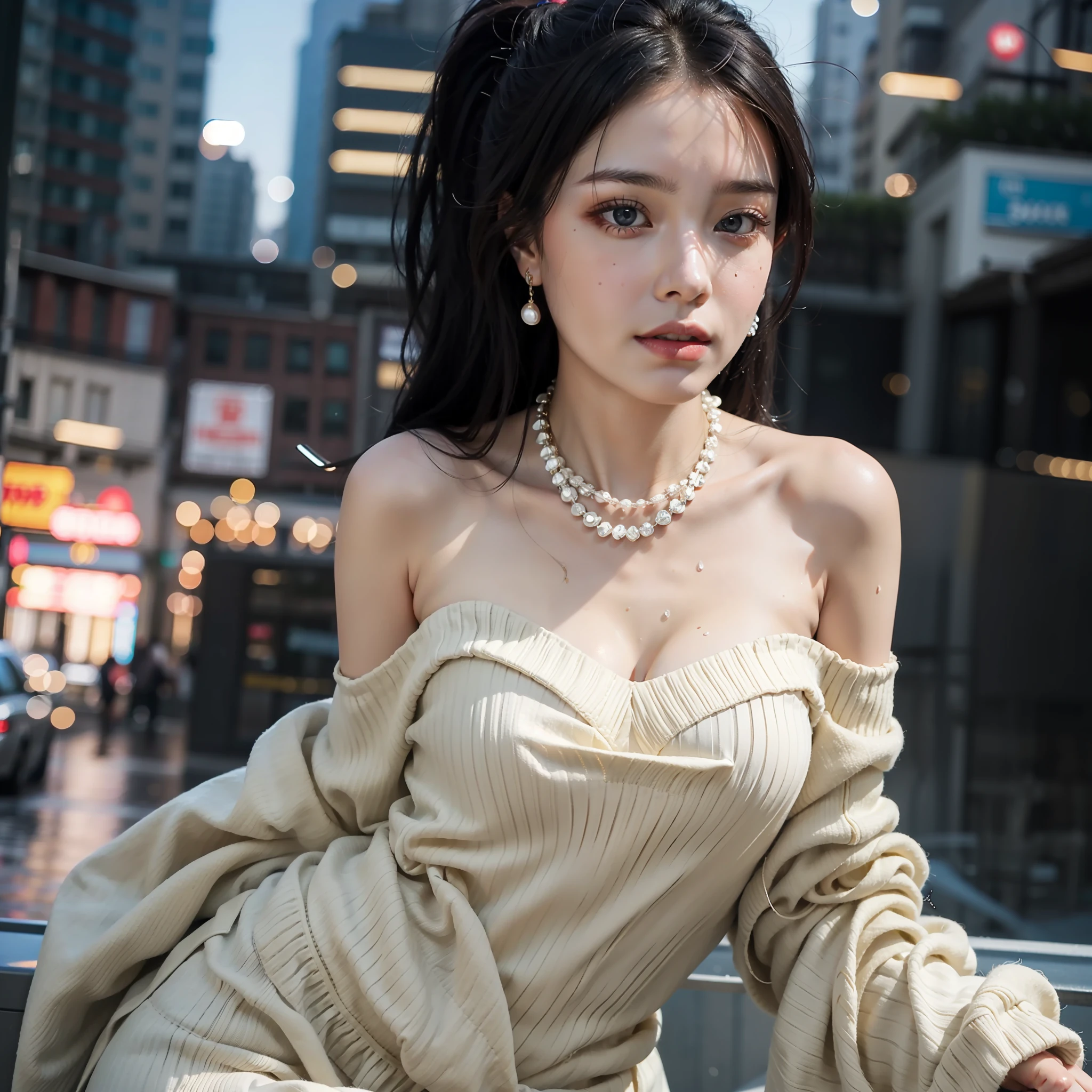 From Side,hip up,((addielyn)),side pose,Random posture,night-time,(Extremely delicate and beautiful work),(Masterpiece、),1girl,streetwear,highly detailded,ponytail contorted,Charming expression,Beautiful and clear eyes,Blue eye pupils,Delicate pearl necklace,Delicate earrings,simple blurred background,Extreme detail description,beutiful,glamorous,Super fine painting,Exquisite Face,exquisite body,Fine collarbones, lovely lips, soft behind, mix4,(8k,RAW photos,best quaity,Masterpiece、:1.2),(lifelike,photo-realistic:1.37),1beutiful成熟女人,Skinned transparent bandeau,Cutes,city view,night,wet rain,WET,professional Lighting,Photon Mapping,Radiosity,Physically based rendering,above waist,