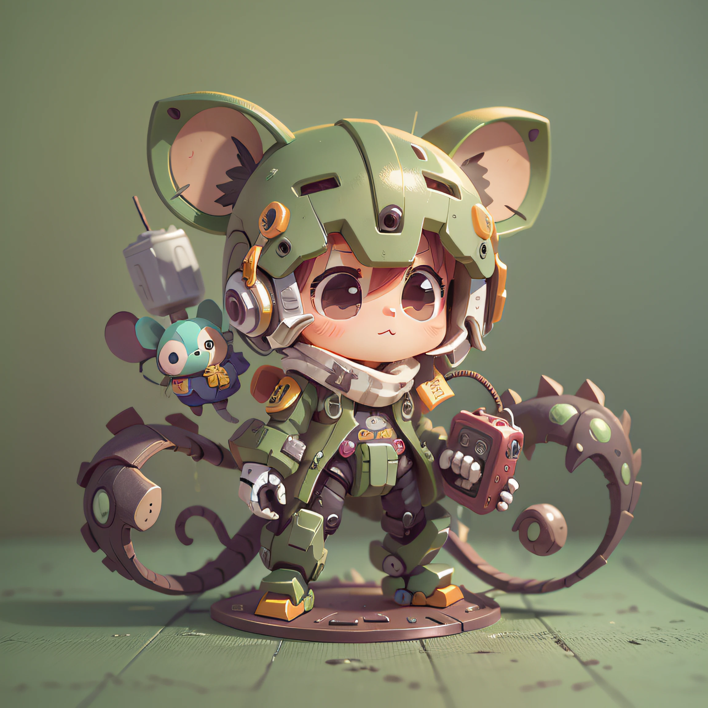 chibi, mouse, cute, mecha, bigbadejo, full body, masterpiece, 3D Rendering, Best Quality, Lots of Detail, (plain background), vinyl toy figurine