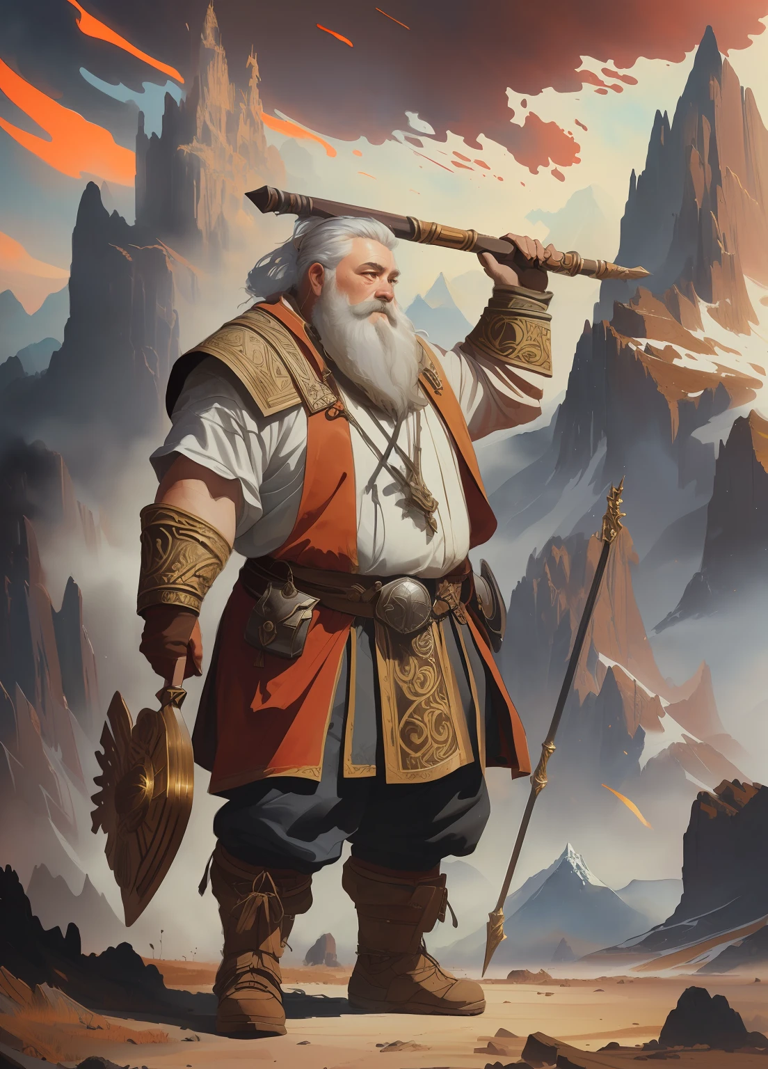 old dwarf rpg character, red clothes, full body strong and fat, white hair, line art watercolor wash, very lit mountain background, abstract beauty, approaching perfection, pure form, golden ratio, minimalistic, unfinished, concept art, by Brian Froud and Carne Griffiths and Wadim Kashin and John William Waterhouse, intricate details, 8k post production, high resolution, hyperdetailed, trending on artstation, sharp focus, studio photo, intricate details, highly detailed, by greg rutkowski