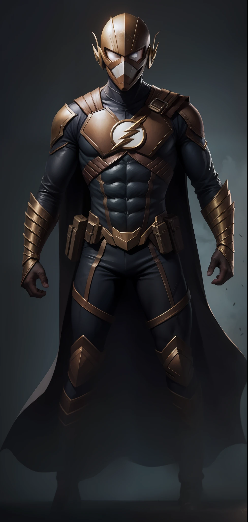 Homem imponente vestindo armadura preta do flash, detalhes em alta resolução 8k.
