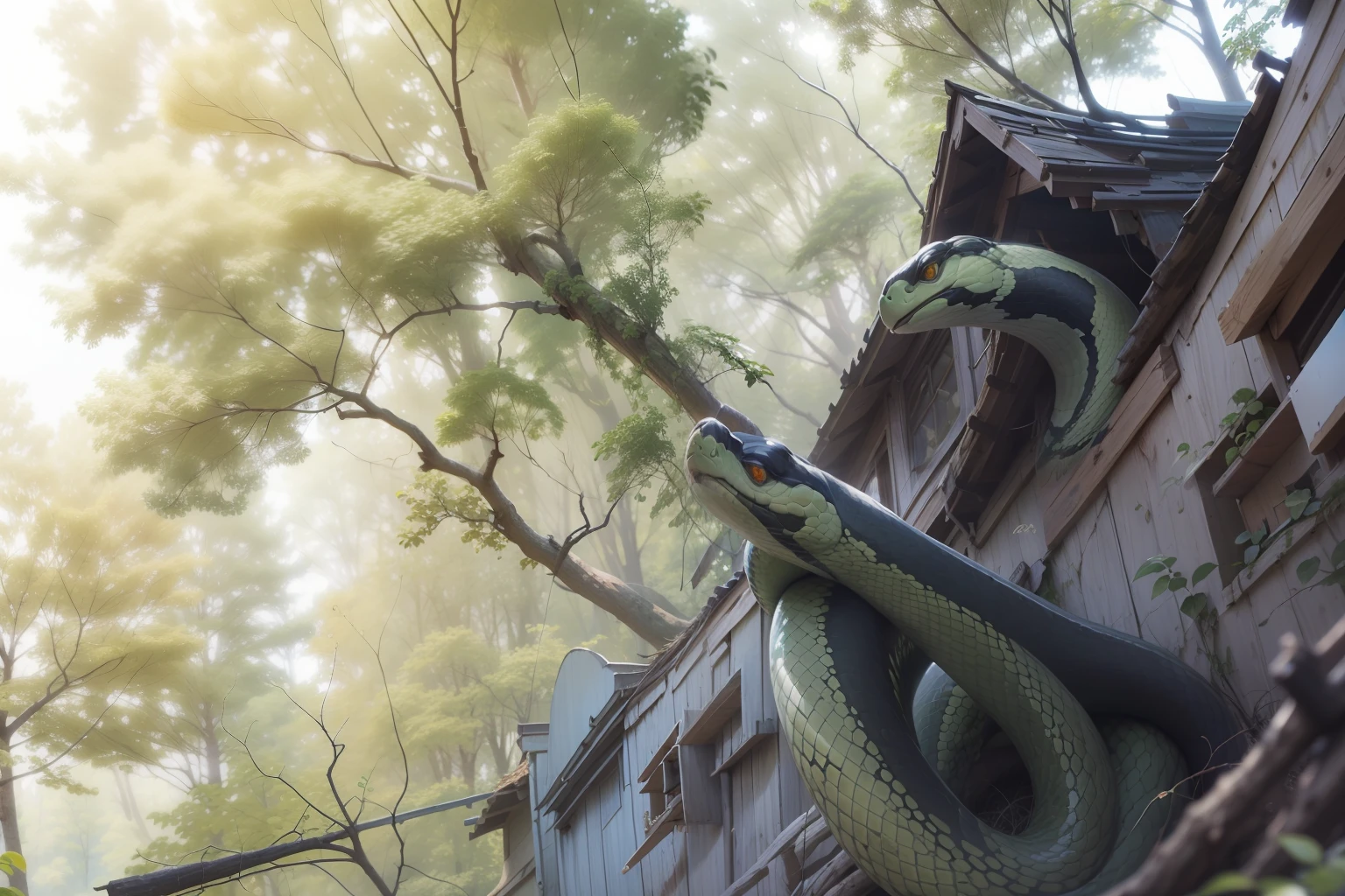 Turn scenery into a snake's nest in forest, with several snake eyes scattered --auto