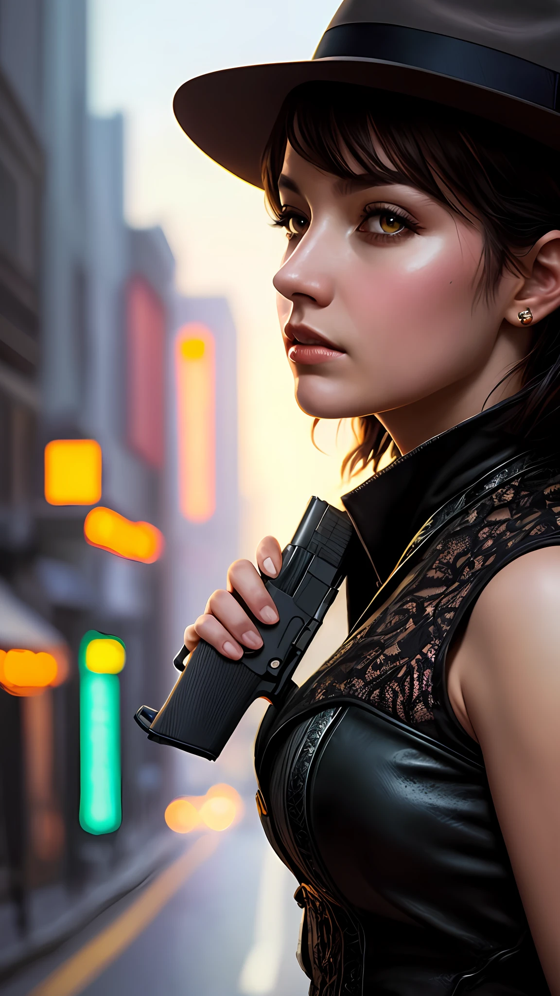 Bruce Wayne, photo of (Batman:0.99), a man as a detective, (walking down a street at night), (holstered gun), modelshoot style, (extremely detailed CG unity 8k wallpaper), photo of the most beautiful artwork in the world, professional majestic oil painting by Ed Blinkey, Atey Ghailan, Studio Ghibli, by Jeremy Mann, Greg Manchess, Antonio Moro, trending on ArtStation, trending on CGSociety, Intricate, High Detail, Sharp focus, dramatic, photorealistic painting art by midjourney and greg rutkowski, (wearing a fedora:1.1), (looking at viewer), (detailed pupils:1.3), closeup
