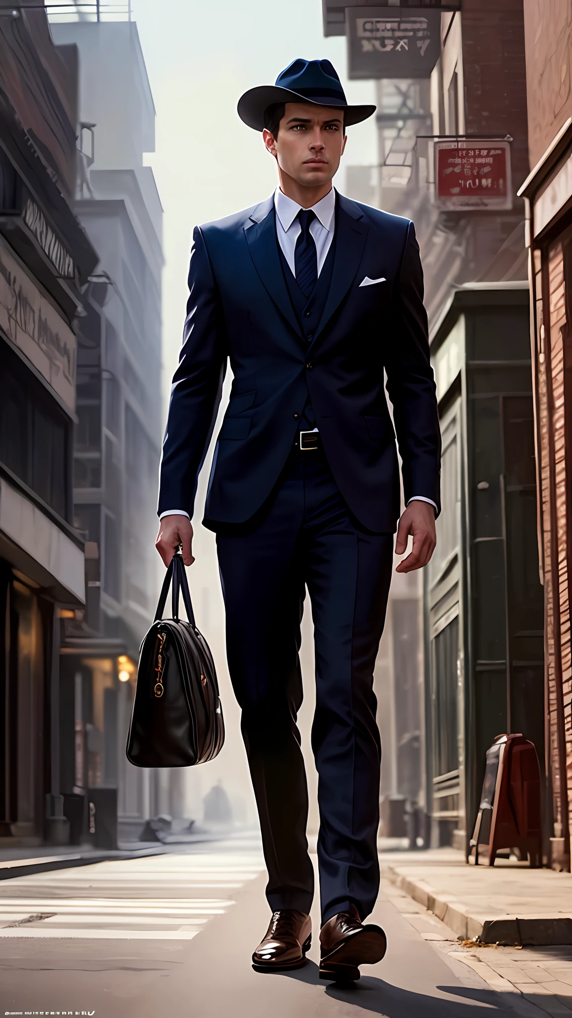 Bruce Wayne, photo of (Batman:0.99), a man as a detective, (walking down a street at night), (holstered gun), modelshoot style, (extremely detailed CG unity 8k wallpaper), photo of the most beautiful artwork in the world, professional majestic oil painting by Ed Blinkey, Atey Ghailan, Studio Ghibli, by Jeremy Mann, Greg Manchess, Antonio Moro, trending on ArtStation, trending on CGSociety, Intricate, High Detail, Sharp focus, dramatic, photorealistic painting art by midjourney and greg rutkowski, (wearing a fedora:1.1), (looking at viewer), (detailed pupils:1.3), closeup