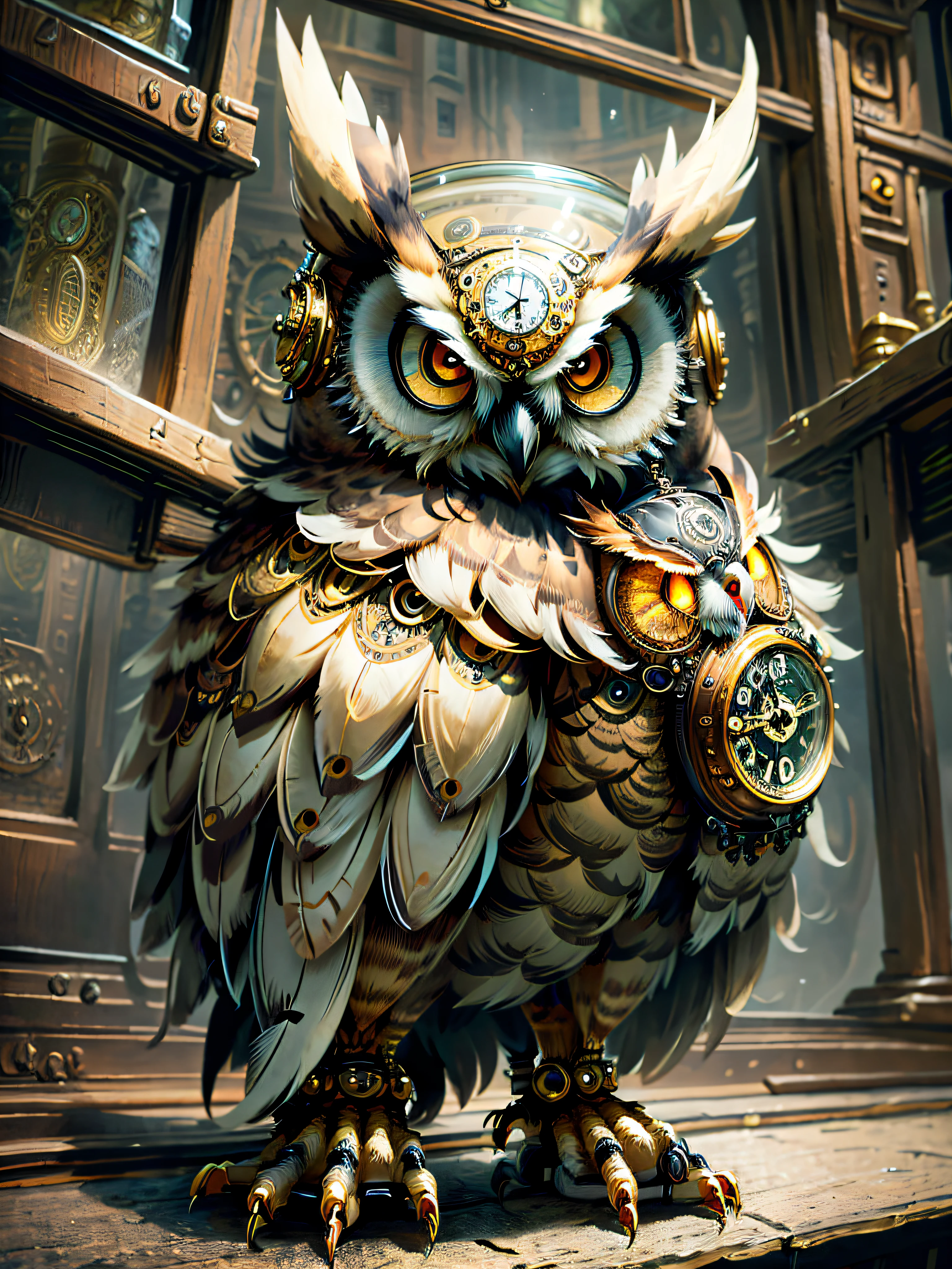 there is a large owl with a clock on its head, mechanical owl, high quality steampunk art, owl wizard, detailed steampunk illustration, 4k highly detailed digital art, steampunk owl inside a glass jar, high detailed official artwork, steampunk owl pocketwatch, hearthstone card game artwork. ”, steampunk illustration, nite - owl, digital steampunk art, radiant owl, steampunk art