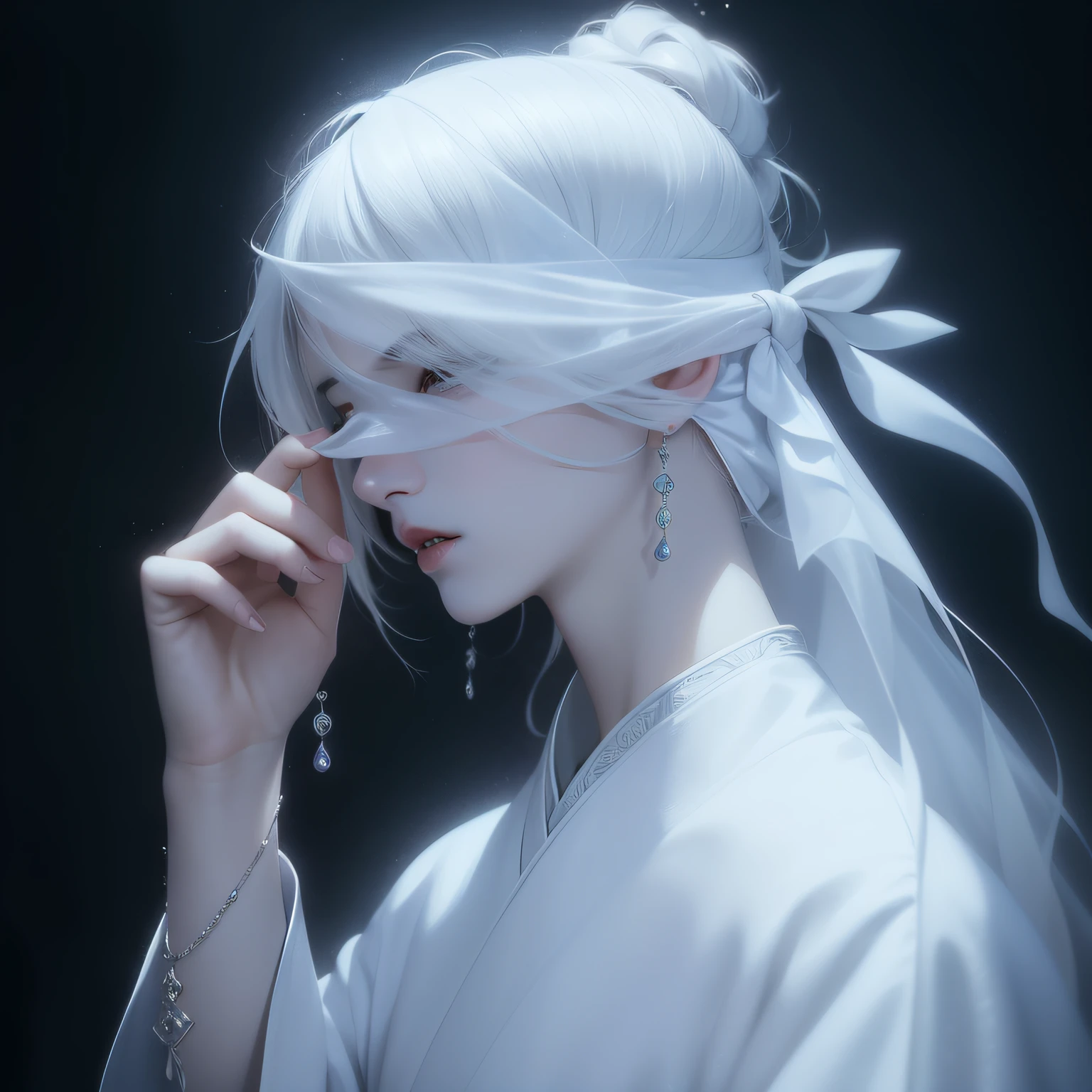 There was a man, juvenile, handsome, male with a white veil on his face, Guweiz, artwork in the style of guweiz, guweiz masterpiece, author：Yu Zheding, beautiful character painting, white Hanfu, palace , white haired deity, flowing white robes, beautiful fantasy anime, by Ye Xin, a beautiful anime portrait --auto