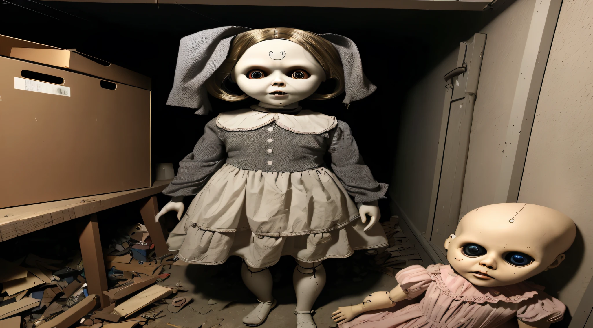 Creepy footage, cluttered basement, creepy doll, deformed, mutated, horrifying, disfigured