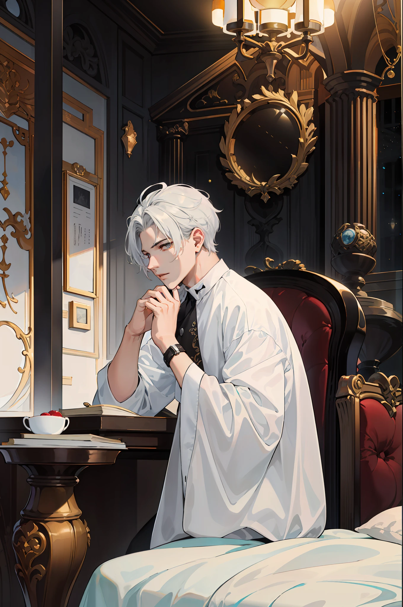 ((Obras)), best qualidade, outstanding illustration, um casal se beijando na cama deitados, Foco suave,) 1 boy with long short white hair, OLHOS azuis, Roupas vitorianas ), (1 girl with long Black hair, OLHOS azuis, roupa vermelha, corpo sexy), Romantismo vitoriano, atmosfera opulenta e requintada, soft light and warm lighting, Gothic castle setting, romantic atmosphere, Tema escuro