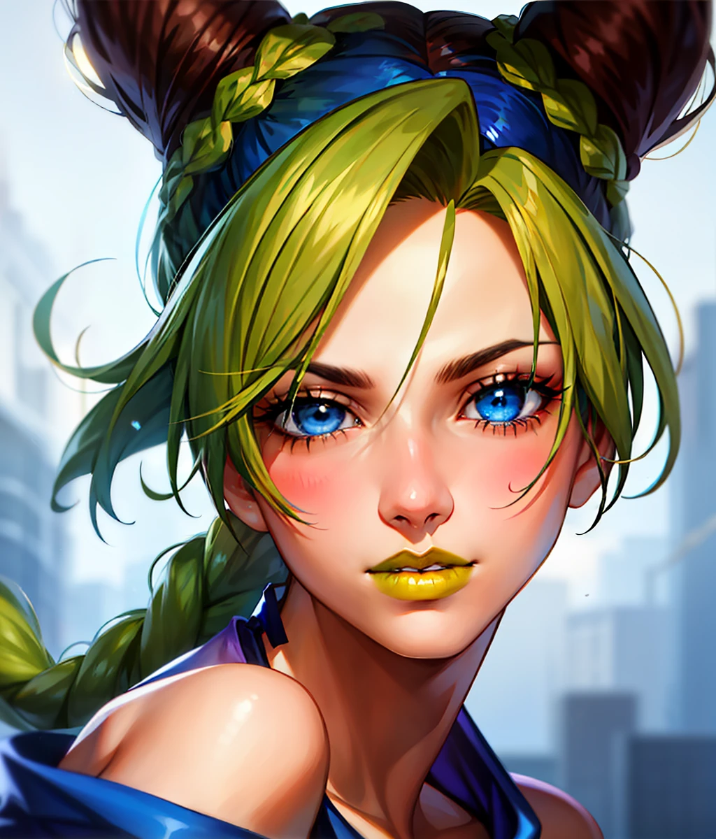 realistic, ((solo)) ((blue eyes, bright eyes)), 19 years old, perfect face, blushing, anime art, 1girl, jolynejojo, halfbody, digital art, masterpiece, green and blue hair,  braided_low ponytail closeup, yellow lipstick