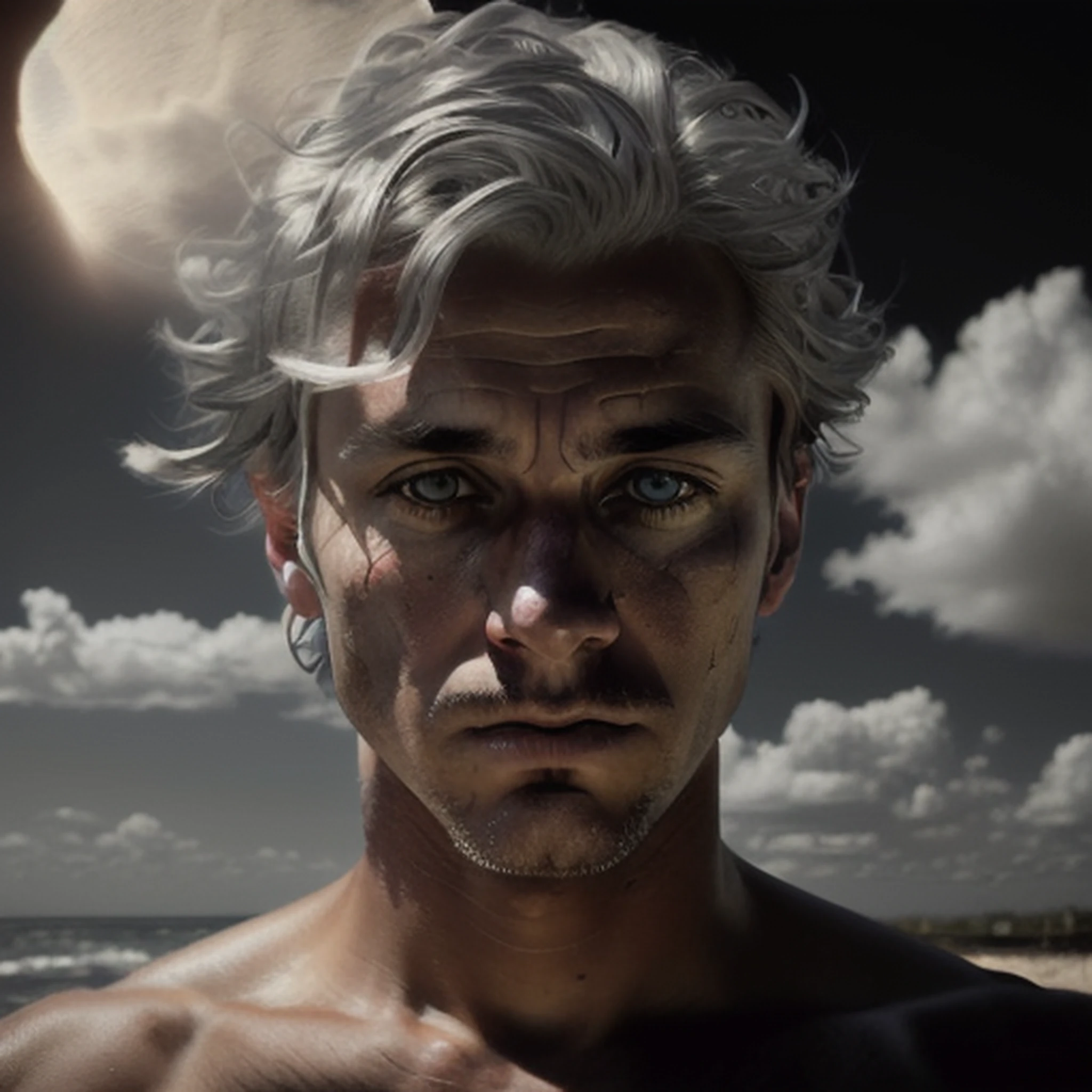 Arafed 60 years old (half naked European old man:1.5) on the beach, (Masterpiece 8k RAW colorful photo best quality high resolution:1.5), Detailed (close up head & neck & shoulders mysterious portrait:1.3) of the (messy silver hair:1.5) his expression is solemn, Staring at camera, Perfect (detailed symmetrical eyes with round black iris membrain & with round pupils:1.5) lean man perfect pale skin & perfect body, Realistic art realistic artwork movie cinematic (realistic, photo-realistic:1.5), Black sky in background, Contrast lighting, Dramatic lighting, Depth of field, Sharp, Ultra-detailed intimate composition