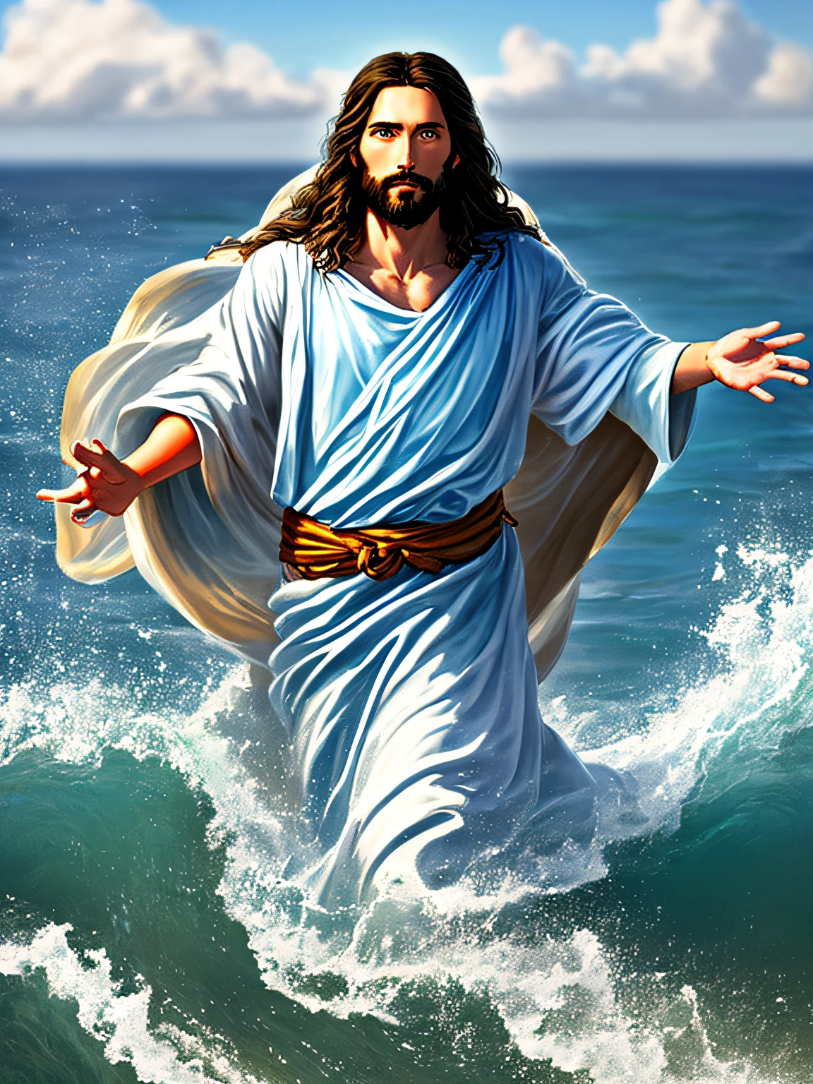 (detailed description) (better quality) Create an image of Jesus coming out of the sea