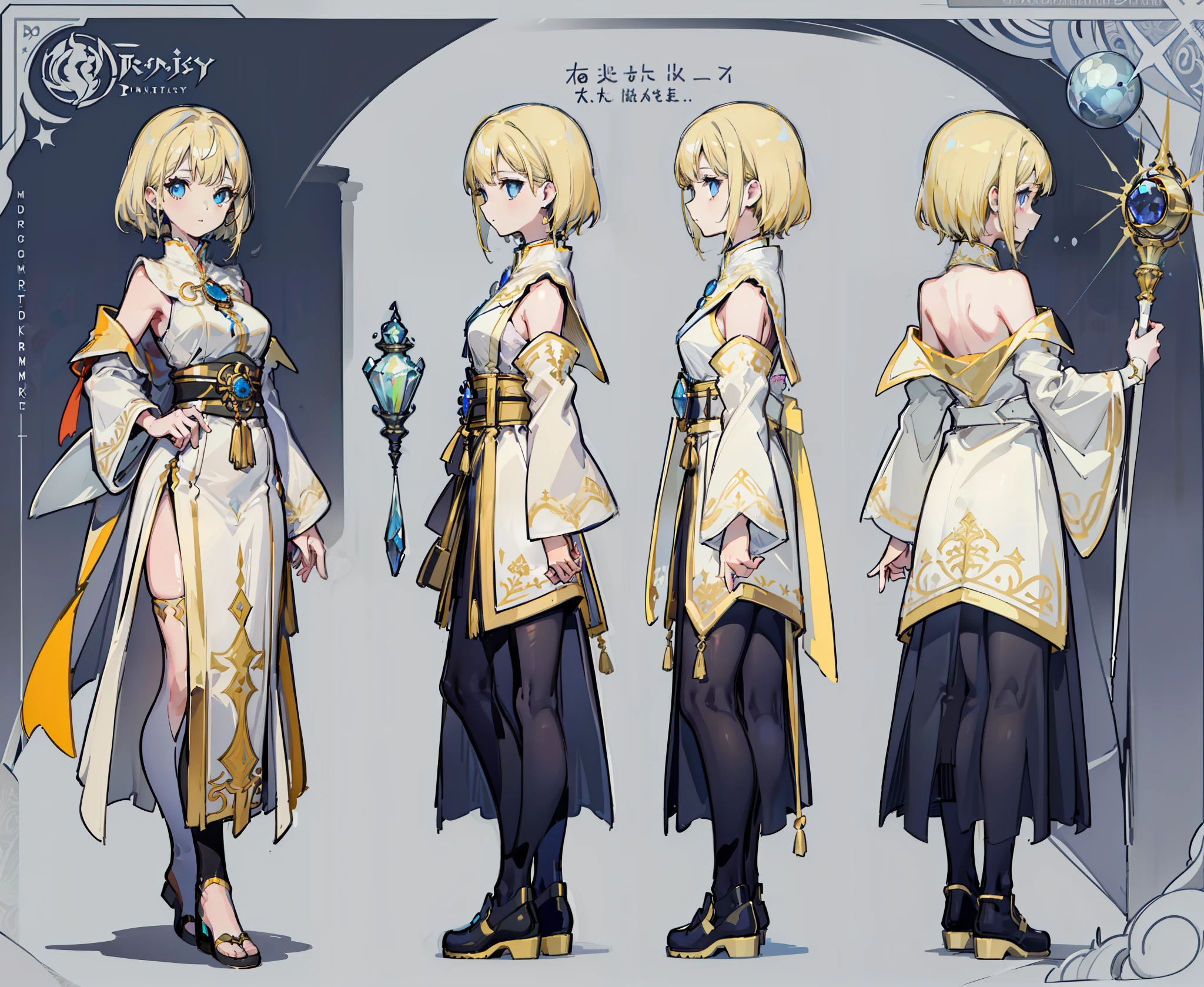 1girl, reference sheet, matching outfits, (fantasy character design, front, back, side, rear) cleric, priest, white shirt. blue eyes. Yellow blonde hair. white robe adorned with intricate patterns and symbols. staff with a crystal orb at the top.