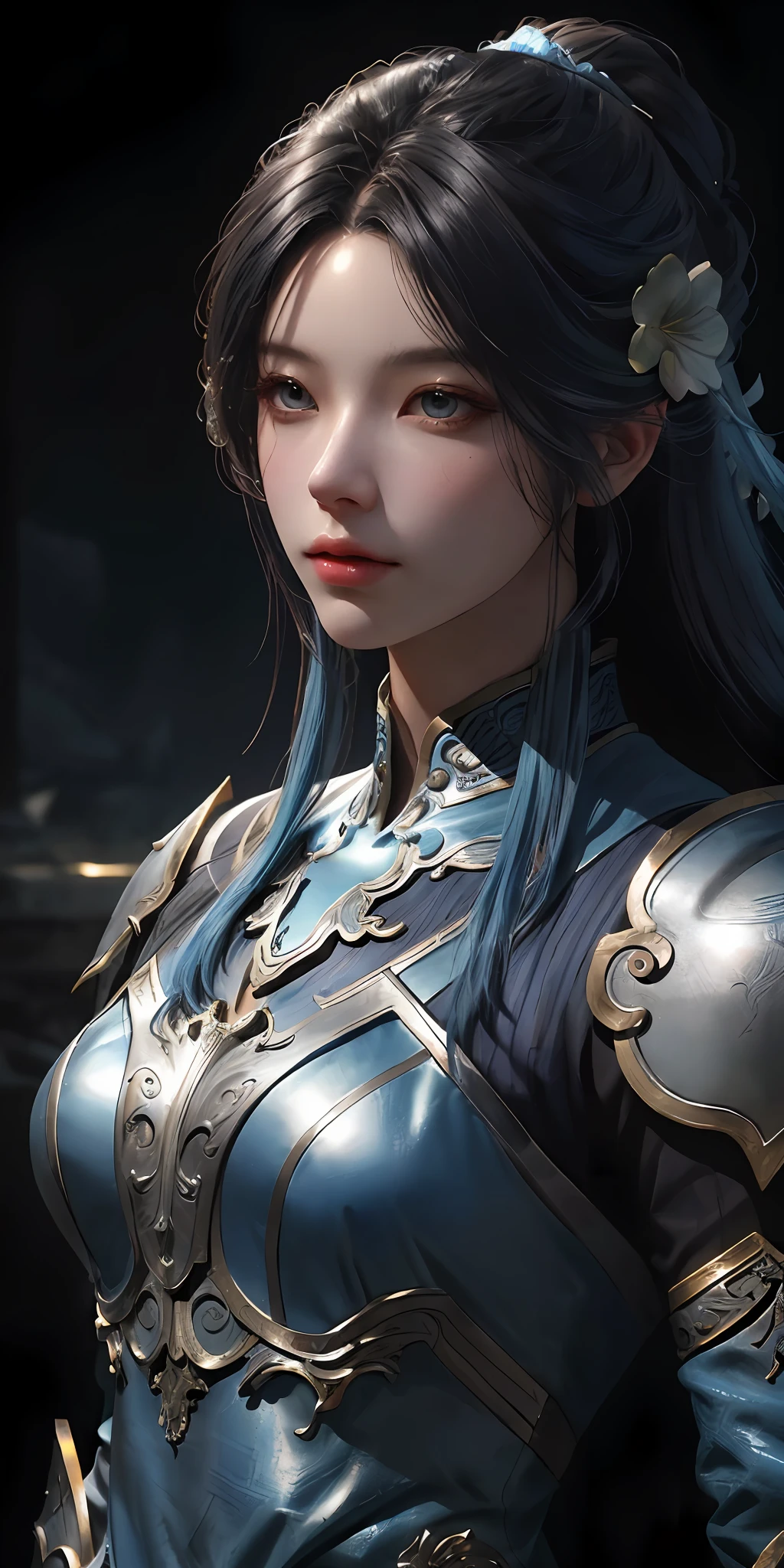 a close up of a woman in a silver and blue dress, chengwei pan on artstation, by Yang J, detailed fantasy art, stunning character art, fanart best artstation, epic exquisite character art, beautiful armor, extremely detailed artgerm, detailed digital anime art, artgerm on artstation pixiv, armor girl