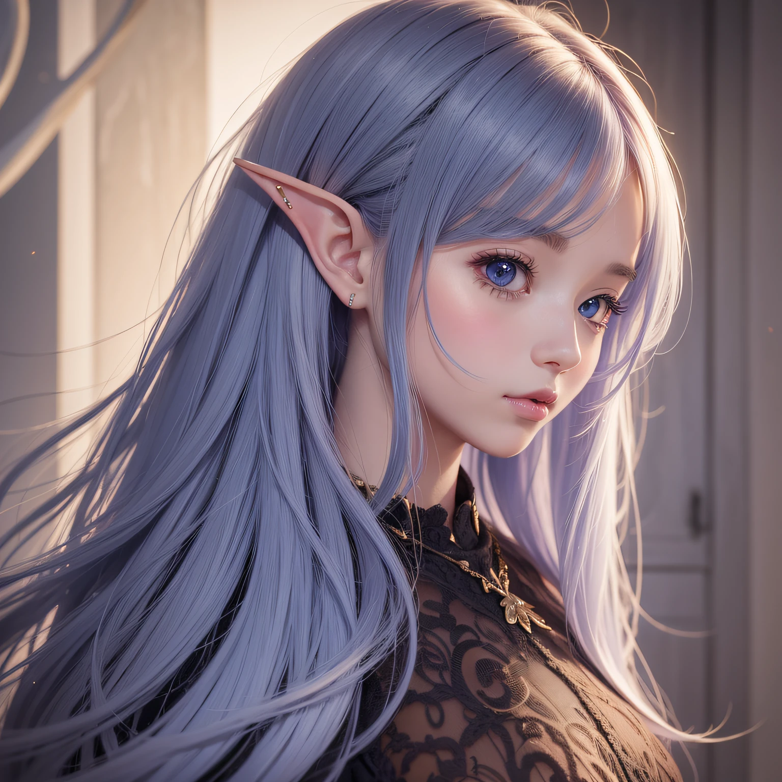 um elfo, cabelo roxo, eye reflection, triste, Surrealismo, Romantismo, Gothic art, raios de deus, ray tracing, fechar-em cima, Olho,-Level Shot, UHD, Altas, de alta qualidade, sem cimaer detalhe