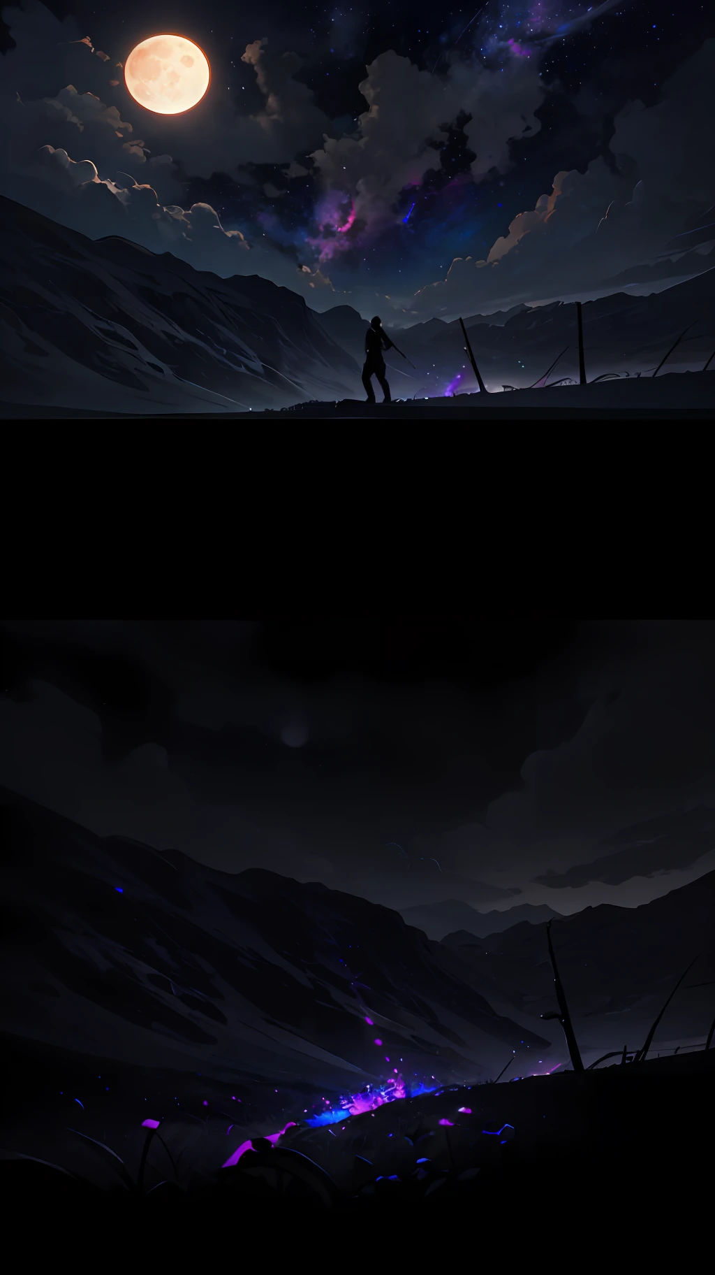 expansive landscape photograph , (a view from below that shows sky above and open field below), a girl standing on flower field looking up, (full moon:1.2), ( shooting stars:0.9), (nebula:1.3), distant mountain, tree BREAK
production art, (warm light source:1.2), (Firefly:1.2), lamp, lot of purple and orange, intricate details, volumetric lighting, realism BREAK
(masterpiece:1.2), (best quality), 4k, ultra-detailed, (dynamic composition:1.4), highly detailed, colorful details,( iridescent colors:1.2), (glowing lighting, atmospheric lighting), dreamy, magical, (solo:1.2)