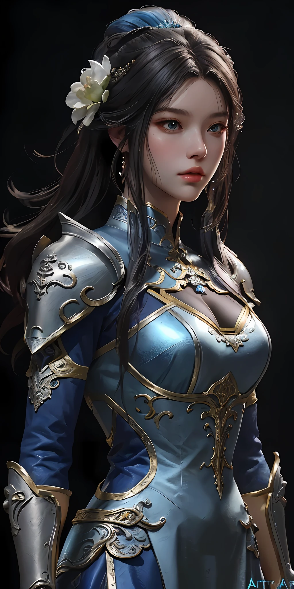 a close up of a woman in a silver and blue dress, chengwei pan on artstation, by Yang J, detailed fantasy art, stunning character art, fanart best artstation, epic exquisite character art, beautiful armor, extremely detailed artgerm, detailed digital anime art, artgerm on artstation pixiv, armor girl