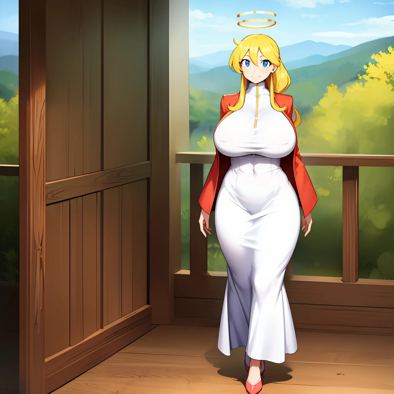 long dress, white dress, white dress, angel halo, rainbow halo, full body, portrait, medium breast, walking, forest, coat, vest, buttlern long skirt, Victorian fabrics, smile ,happy,ponytail,