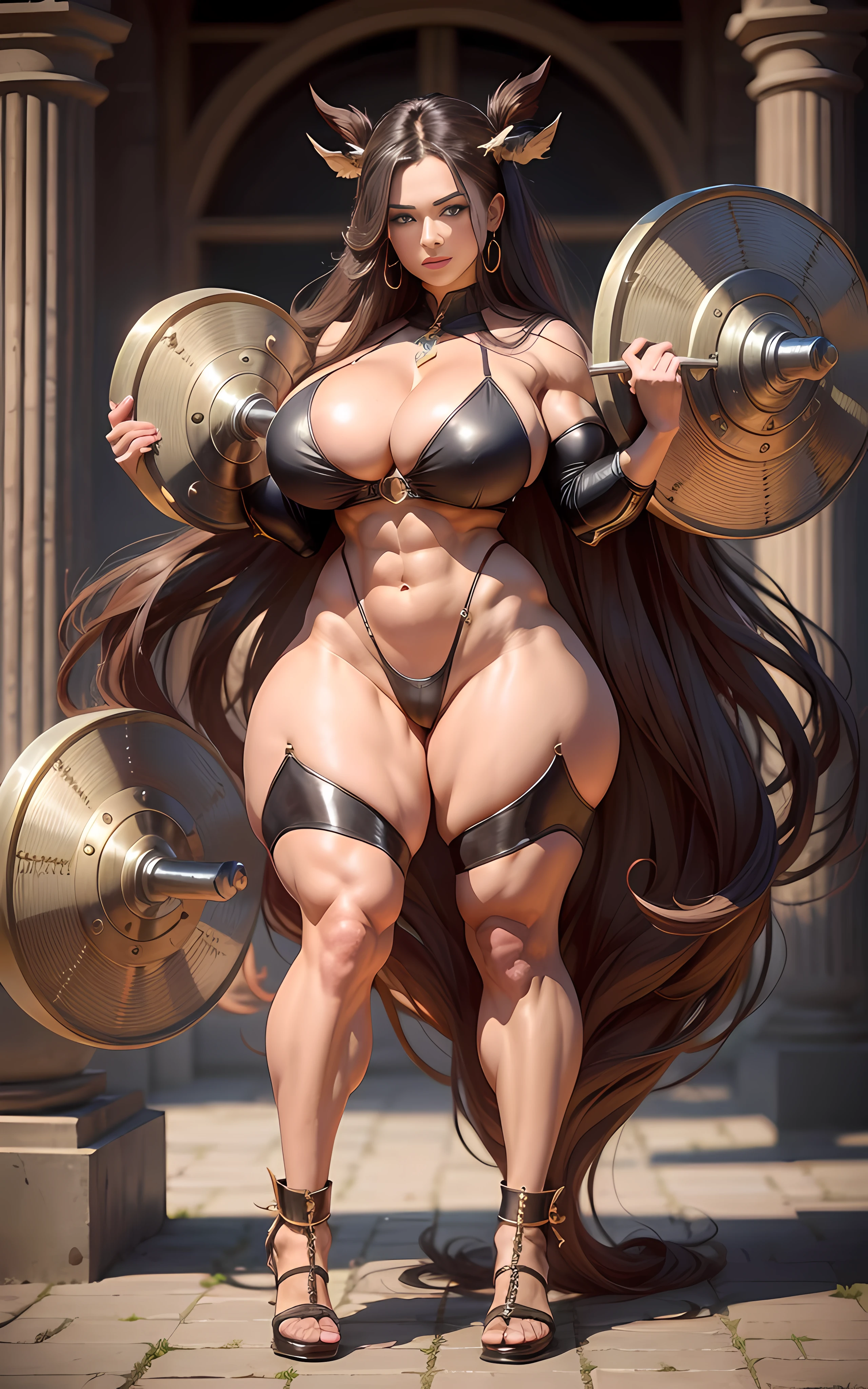 Very beautiful very beautiful calves bodybuilder with very long hair with very huge breasts showing her gigantic strength, (Sexy barbaric outfit: 4), full body centered using half image width,