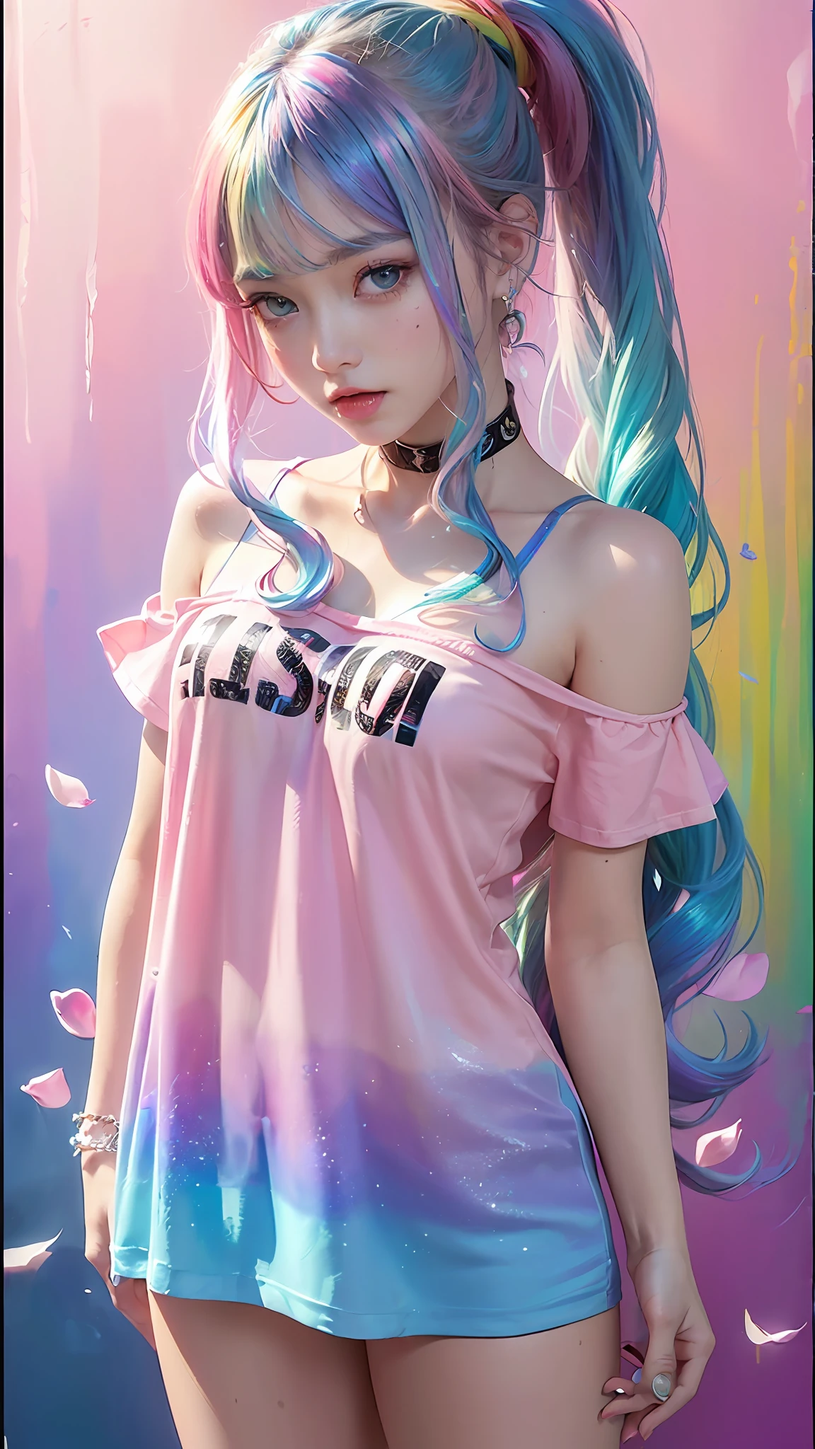 full body portrait、(Pink Fashion T-Shirt:1.9)、(colourful hair:1.8)、(All colors of the rainbow:1.8)、((((vertical painting:1.6)))、(painting:1.6)、front Face、comic、An illustration、painting、bigger eyes、Crystal clear eyes、(Iridescent gradient high ponytail:1.7)、Exquisite makeup、mouth closed、(Small fresh:1.5)、(Wipe chest:1.6)、long eyelash、White off-the-shoulder T-shirt、White shoulder shirt、Looking at the audience、Big watery eyes、(Iridescent hair:1.6)、 Color Splash, (solo:1.8), Color Splash, Color explosion, Thick paint style, Messy lines, ((resplendent)), (COLORFUL), (COLORFUL), COLORFUL, COLORFUL, Chic paint style, (Splash) (Color Splash), vertical painting, upperbody, paint splashes, Acrylic pigments, gradients, painti, highest quality, highest quality, Masterpiece、, solo, depth offield, face-paint, colorfully clothes, (elegantly: 1.2), Gorgeous,slong hair, Wind, (elegantly: 1.3), (flower petals:1.4)、(((Masterpiece、)))、(((sthe highest qualit)))、((Super Detailed))、(An illustration)、(dynamic ungle)、((floating))、(painti)、((Tousled Hair))、(solo)、(1女の子)、((Detailed Anima Face)))、((Beautiful Detailed Face))、collared、Bare Shoulder、white haired、((colourful hair))、(((streaked hair))、Beautiful Detailed Eyes、(Eyes in gradient colors)、(((colorful eyes))))、(colorful background))))、((((High Saturation))))、(((Surrounded by colorful splashes)))、