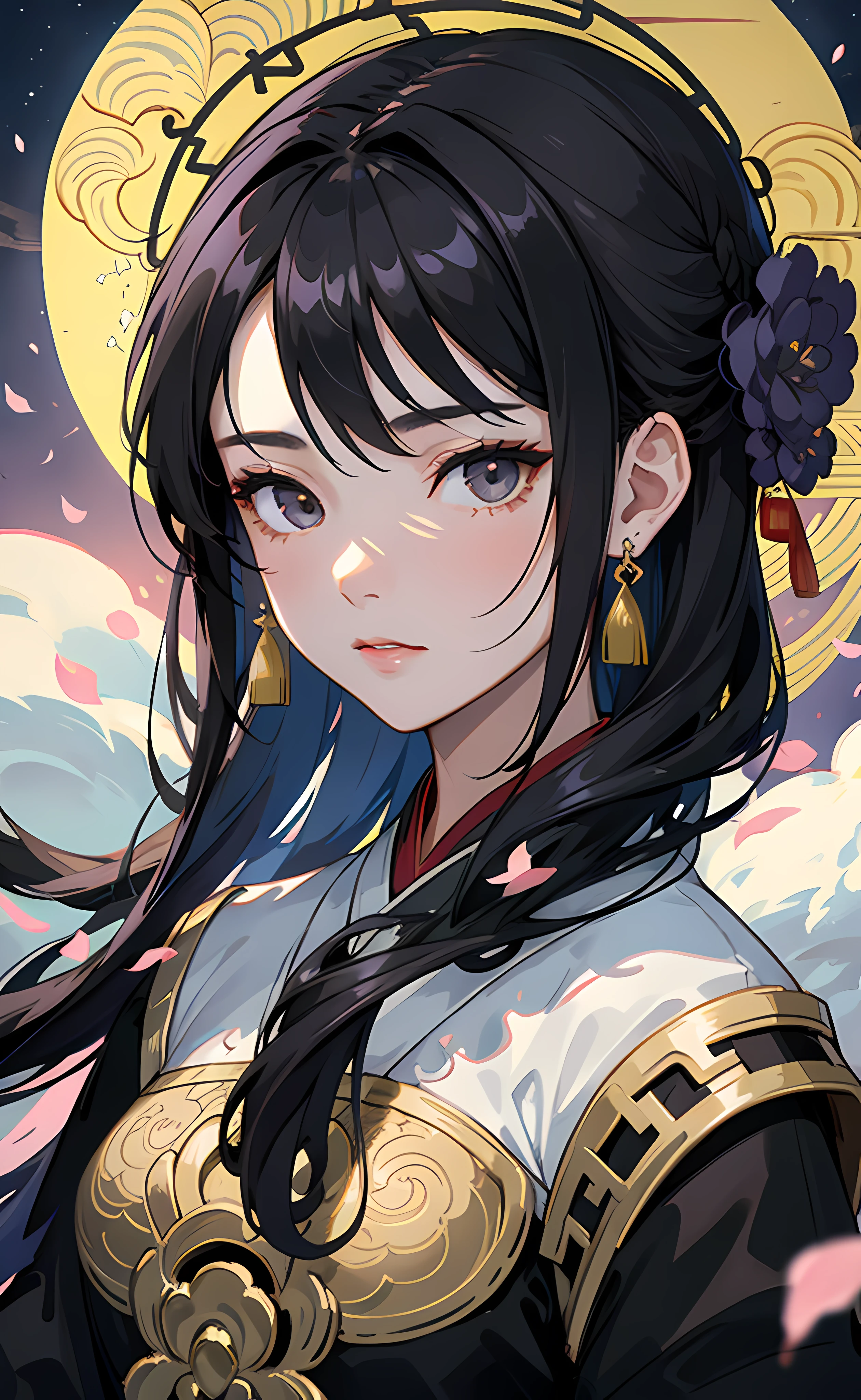 madura, pupilas roxas, cor de cabelo roxo-branco, cabelo flutuante, delicate and flexible eyes, damasco intrincado Hanfu, Gorgeous accessories, wearing pearl earrings, fov, f/1.8, obra-prima, Ancient Chinese style architecture, dark blue sky, flower petals flying, foto retrato frontal, Chang'e, side lighting, luz solar nas pessoas, 8K