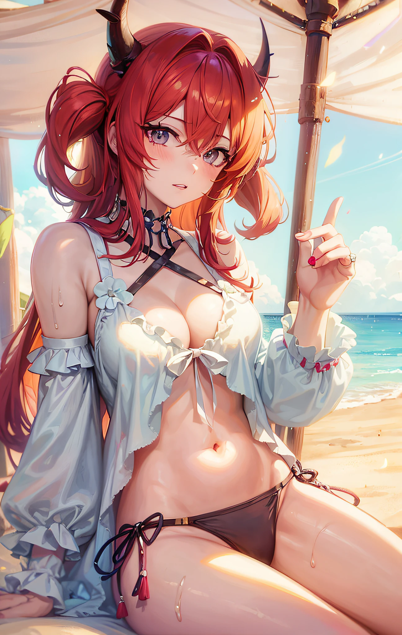 anime girl with horns sitting on a beach with a blue shirt, seductive anime girl, detailed digital anime art, [ 4 k digital art ]!!, beautiful alluring anime woman, beautiful anime girl, attractive anime girl, in the beach, 8k high quality detailed art, at the beach, guweiz, anime style 4 k, trending on artstation pixiv