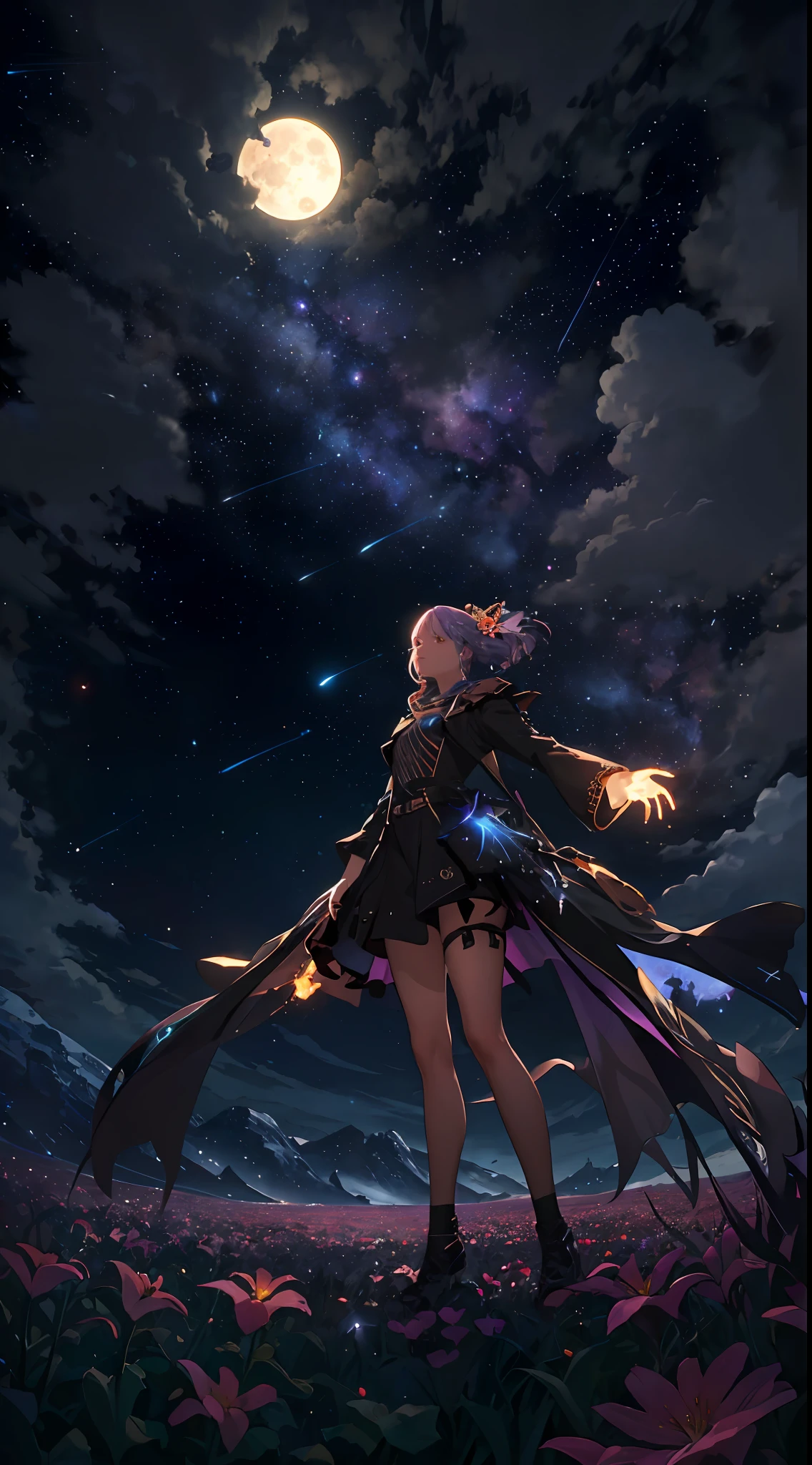 expansive landscape photograph , (a view from below that shows sky above and open field below), a girl standing on flower field looking up, (full moon:1.2), ( shooting stars:0.9), (nebula:1.3), distant mountain, tree BREAK
production art, (warm light source:1.2), (Firefly:1.2), lamp, lot of purple and orange, intricate details, volumetric lighting, realism BREAK
(masterpiece:1.2), (best quality), 4k, ultra-detailed, (dynamic composition:1.4), highly detailed, colorful details,( iridescent colors:1.2), (glowing lighting, atmospheric lighting), dreamy, magical, (solo:1.2)