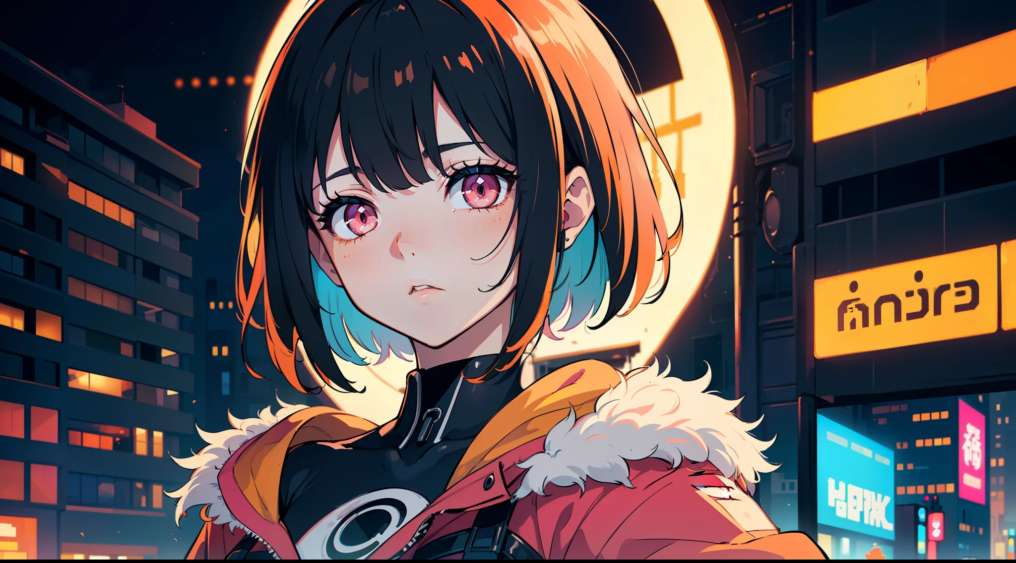 (masterpiece, best quality), ((1girl, (mature)), (black hair, short hair, hair with bangs, hair with orange stirs, beautiful hair), (pink eyes, beautiful eyes, eye highlights, sharp eyes)), (simpler background, dark background, city background), (highres, chromatic freak), cyberpunk clothing