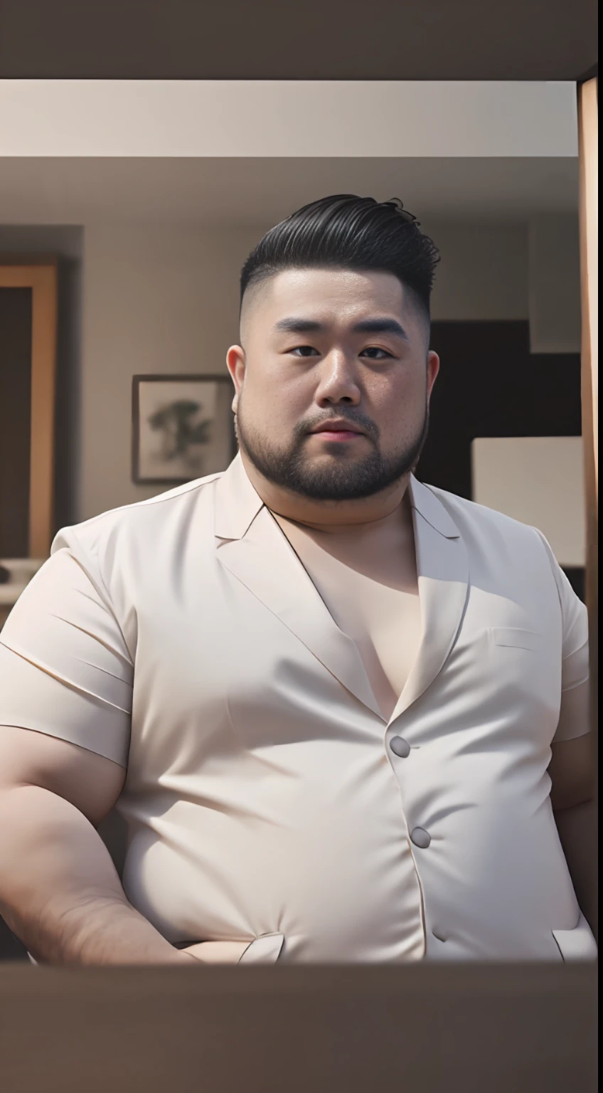 masterpiece, best quality, high resolution, oil painting, 1daddy, handsome chubby fat man,Asian chinese Japanese mongolian,white union suit, flathead，((black eyes)), bare belly, very short black hair, shaved on both sides, (bedroom background), octane, 8k ,