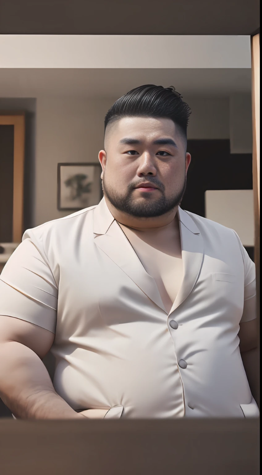 masterpiece, best quality, high resolution, oil painting, 1daddy, handsome chubby fat man,Asian chinese Japanese mongolian,white union suit, flathead,((black eyes)), bare belly, very short black hair, shaved on both sides, (bedroom background), octane, 8k ,