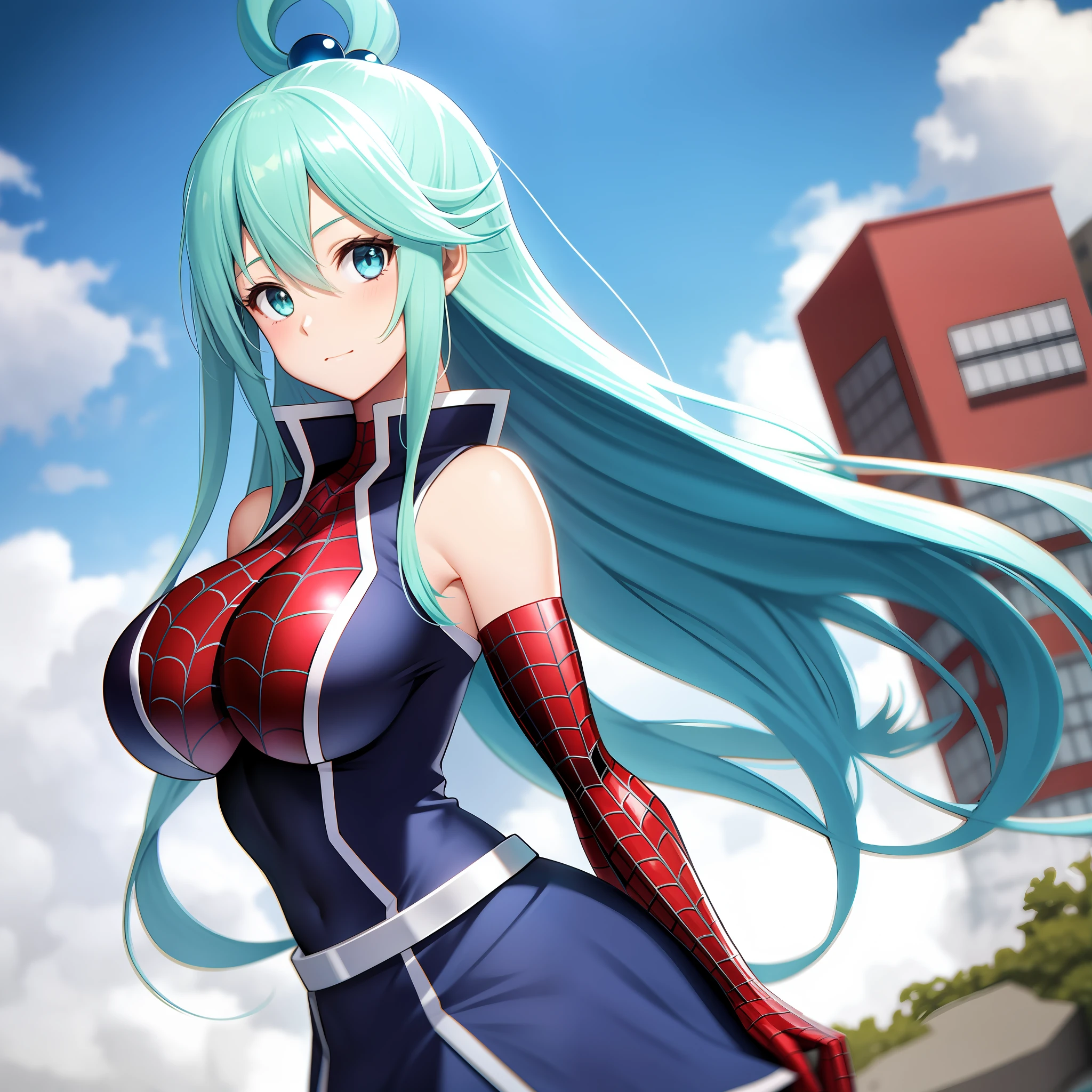 1 girl, Aqua, Konosuba, vestida com a roupa do homem aranha, she's a spider woman, cabelos longos azuis claros , olhos azuis, corpo inteiro, anatomia perfeita, average boobs, na cidade de Tokyo, obra prima