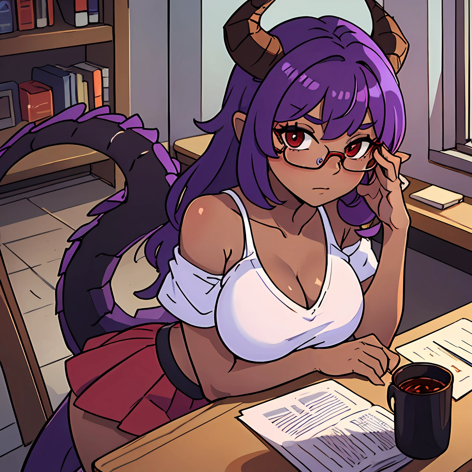 (dark skin), purple hair, (best quality, masterpiece), sitting, looking at the viewer, hands on the table, table in front, office background, 1woman, neckline, mini skirt, white shirt, large breasts, large thighs, dark skin, glasses, short, dark skin, solo,, standing, scales, dark red dragon horns, dark red dragon tail, subtle paterns of bright shades of purple along its limbs and tail, red eyes