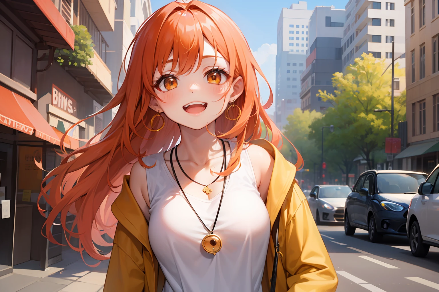 sinnpuru、simple　background、Character focus、smileing、laughing having、Orange hair、slong hair、Orange eyes、necklaces、earings、Camisa blanca、Taut shirt、big Chest、Yellow cardigan、Plaid brown mini pleated skirt、Front-facing girl