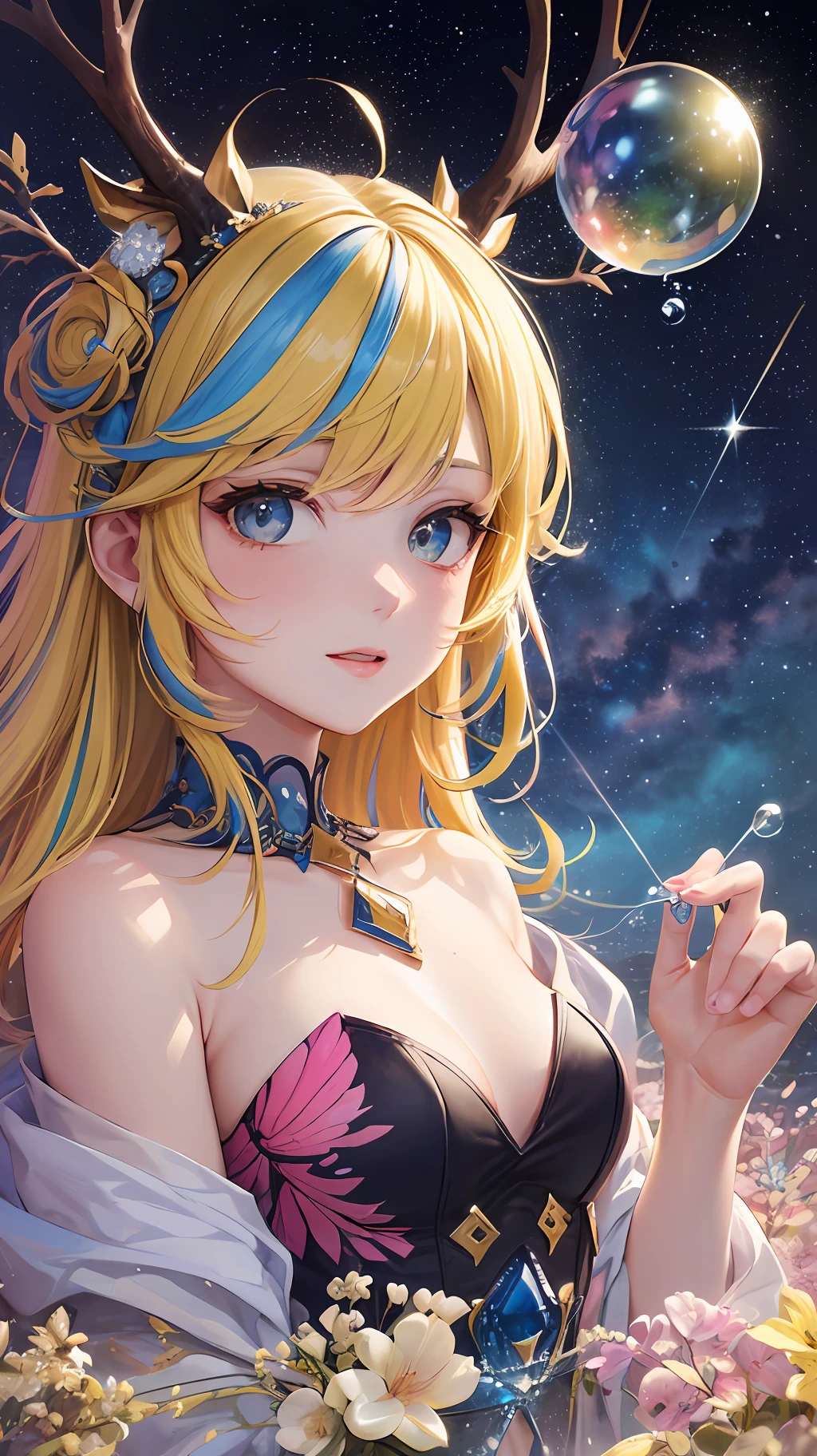 masterpiece, top quality, 8k, watercolor, girl, fractal art, incomplete fingertips, poor hands, fingers are missing, upper body, looking viewer, pattern, (iridescent hair, colorful hair, 1 blue and pink and yellow hair: 1.3), colorful, clouds, galaxy, starry sky, cherry blossoms, fantastic, fantasy, magic, stag, jewels, rays, undersea, soap bubbles, soap bubbles --auto --s2