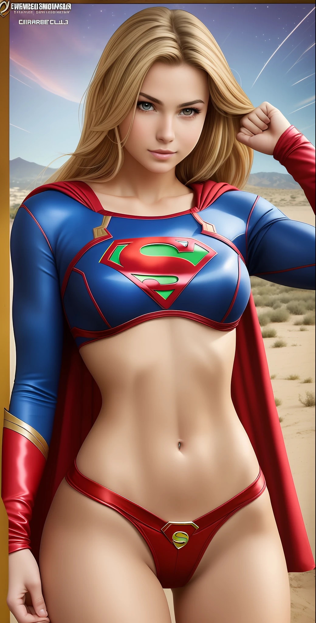 Foto, La mejor calidad, alta resolución 8k,The most beautiful teenager,17 años, piel blanca, ultra detallada, europea, cabello corto despeinada, cuerpo perfecto, tonificado,exuberant exotic, erotico, sensual, senos muy grandes,cintura estrecha, Large buttocks very well detailed, cosplay de Supergirl, traje pegado al cuerpo
