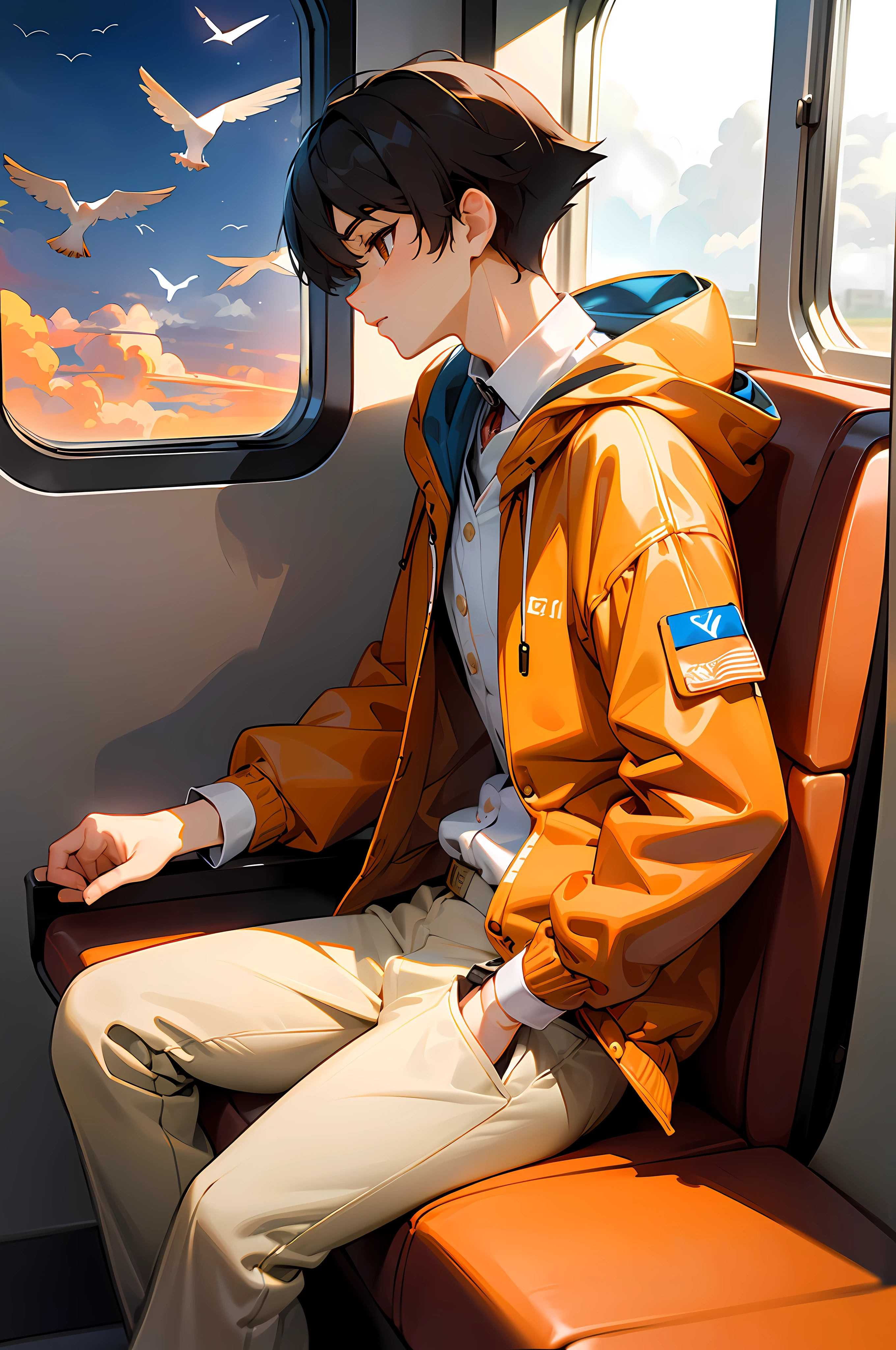 view from the sky, orange sky, sol, birds flying, mar