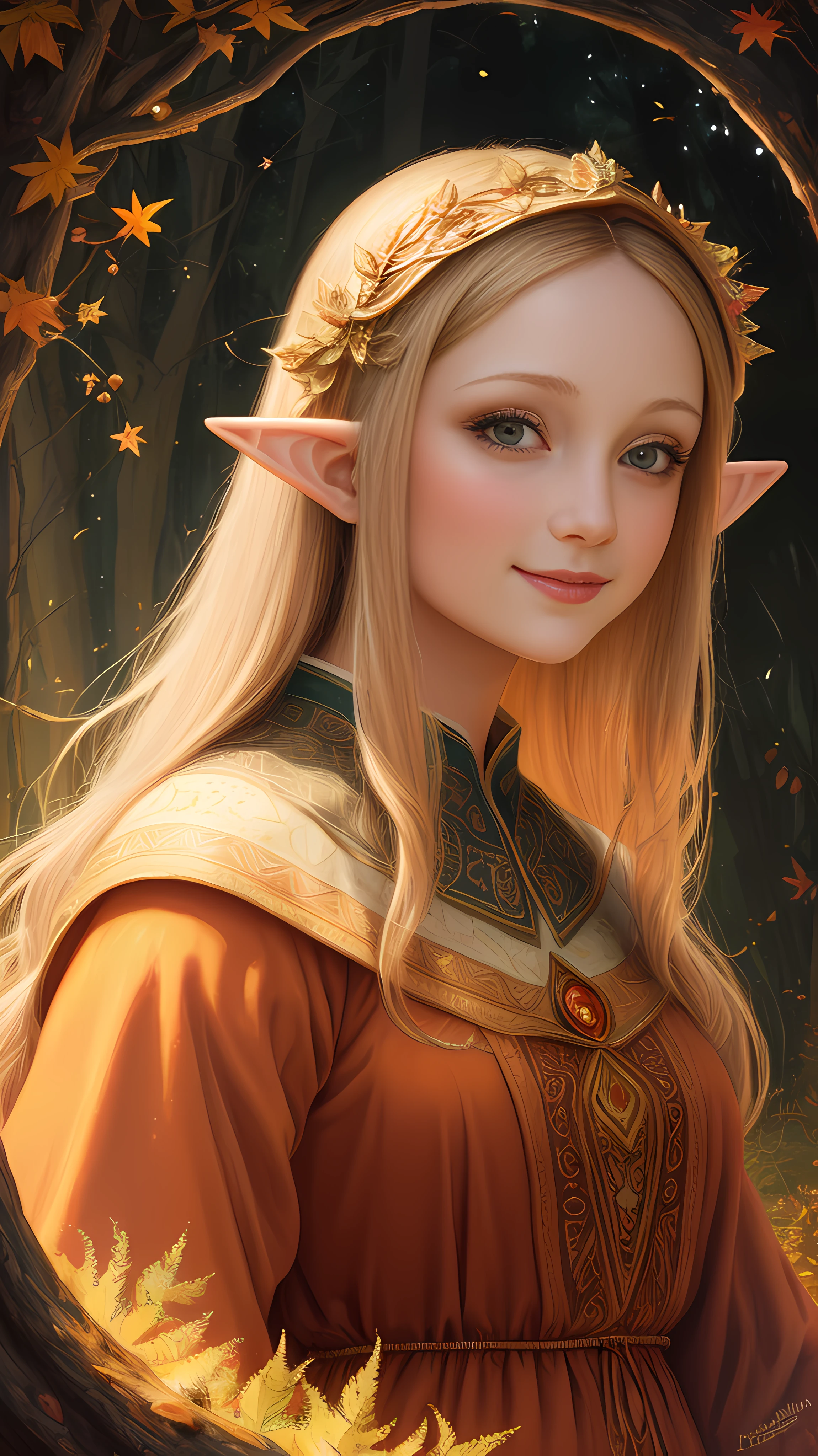 oil painting by Leonardo da Vinci, masterpiece, best quality, magnificent art, 1girl, close-up beautiful elf woman, happy smiling, symmetrical and hyper detailed face, silky peach skin, charming and vibrant eyes, enchanted forest, enchanted forest, fairy tale, cinematic, movie, autumn afternoon, warm and vibrant colors, Adobe Illustration, Trending on Artstation, 8K, hd, UHD, (sparks: 0.6), intricate details, warm and soft lighting