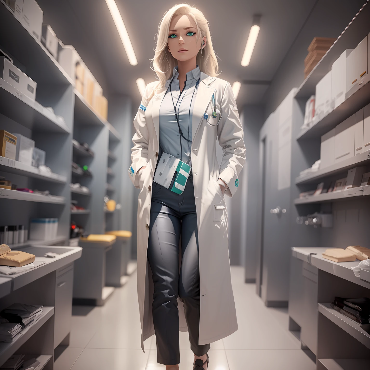 a Norwegian female character with the right arm of metal and with blond hair and blue eyes with three spots on her face and wearing a green outfit with a white coat and using a gun --auto