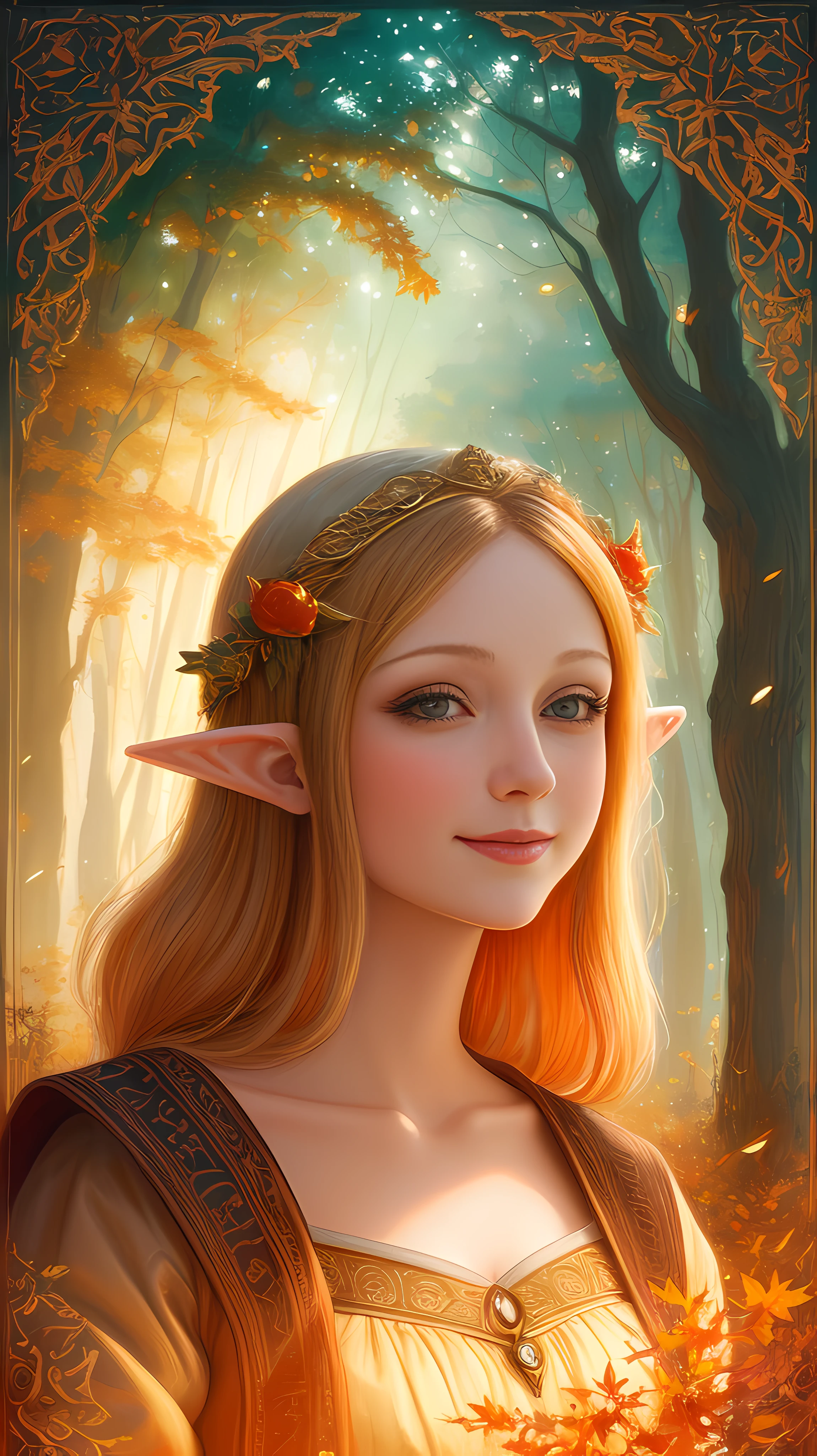 oil painting by Leonardo da Vinci, masterpiece, best quality, magnificent art, 1girl, close-up beautiful elf woman, happy smiling, symmetrical and hyper detailed face, silky peach skin, charming and vibrant eyes, enchanted forest, enchanted forest, fairy tale, cinematic, movie, autumn afternoon, warm and vibrant colors, Adobe Illustration, Trending on Artstation, 8K, hd, UHD, (sparks: 0.6),  intricate details, warm and soft lighting