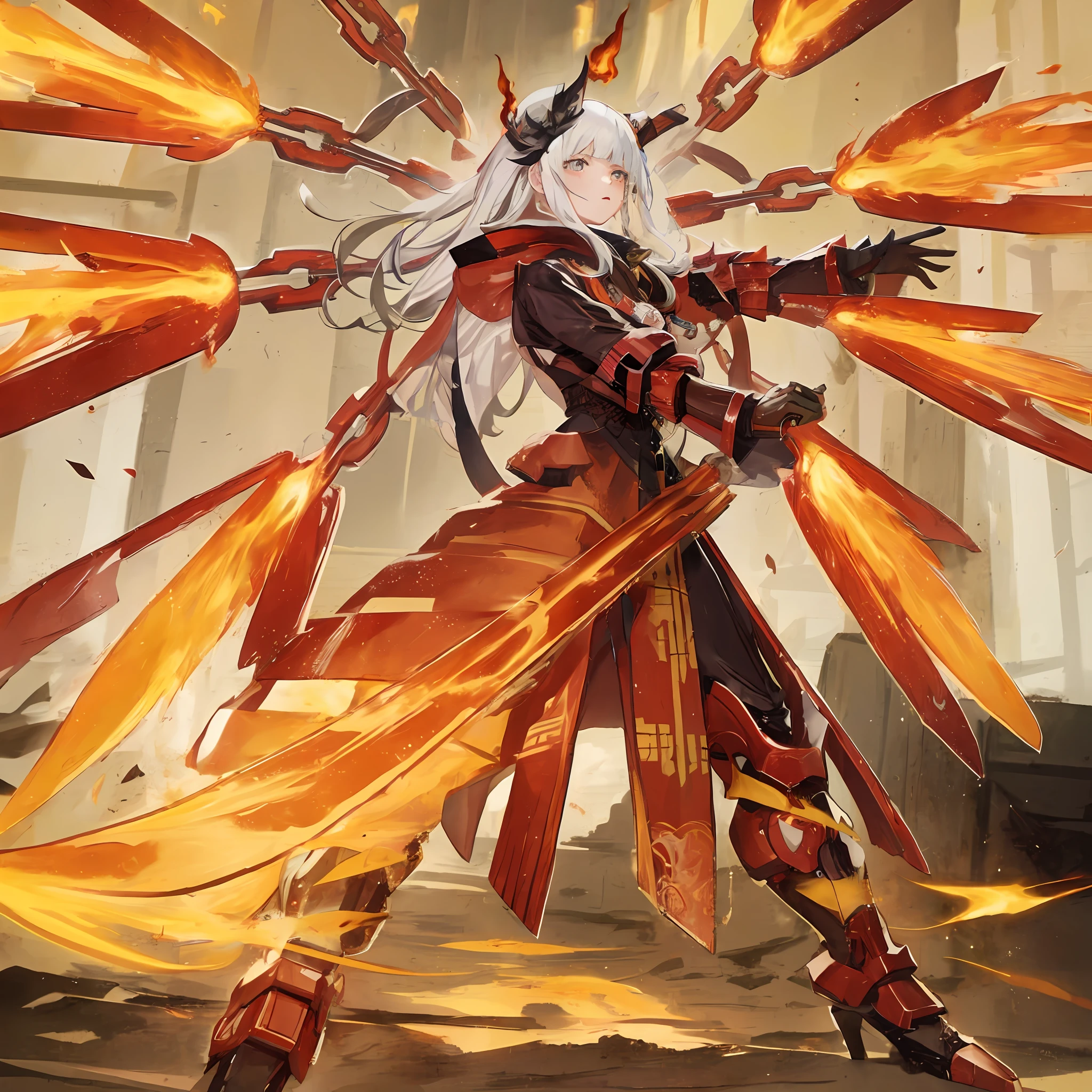 Anime character,Fire and flames in hand, flame conjuring armored, ayaka genshin impact, from arknights, 《genshinimpact》in the clear, appears as the fire goddess, ayaka game genshin impact, key anime art, zhongli from genshin impact, white haired deity, onmyoji detailed art, mechanized Valkyrie girl